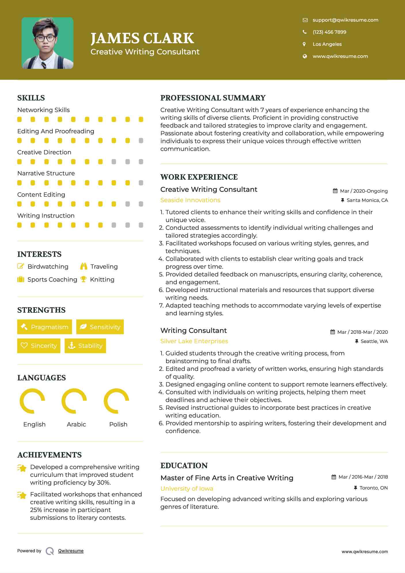 Creative Writing Consultant Resume Example