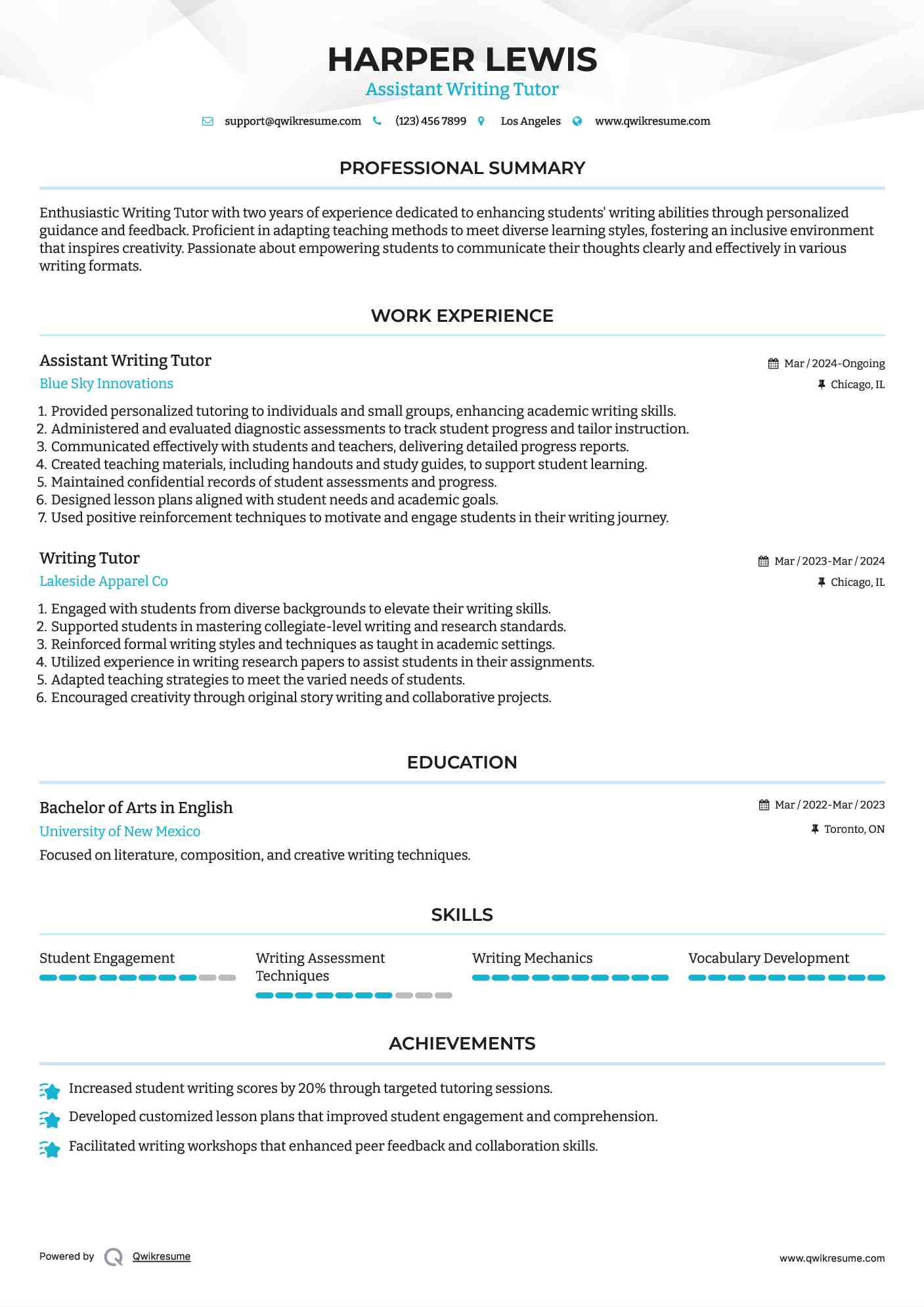 Writing Tutor Resume Samples Qwikresume