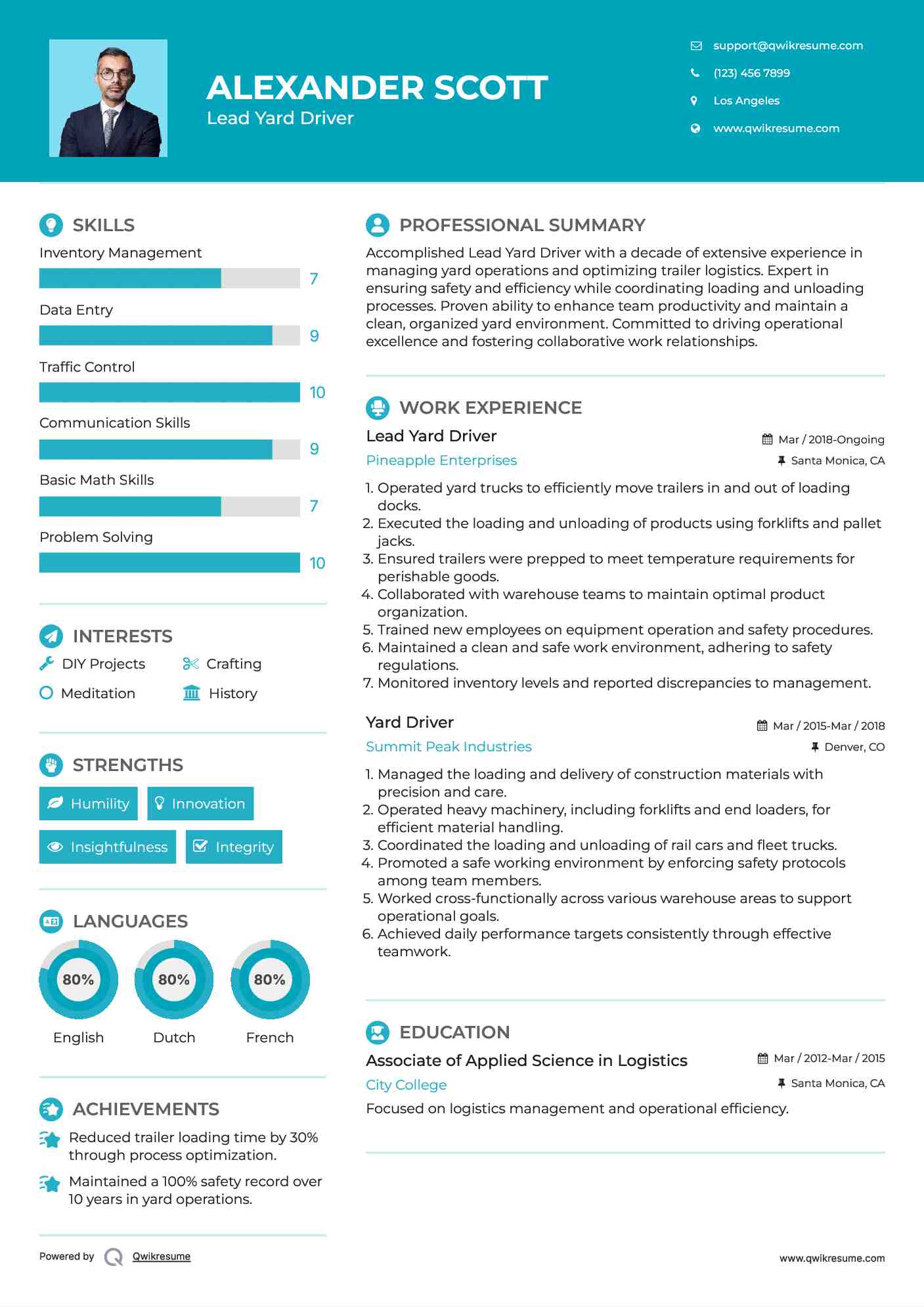 Lead Yard Driver Resume Model