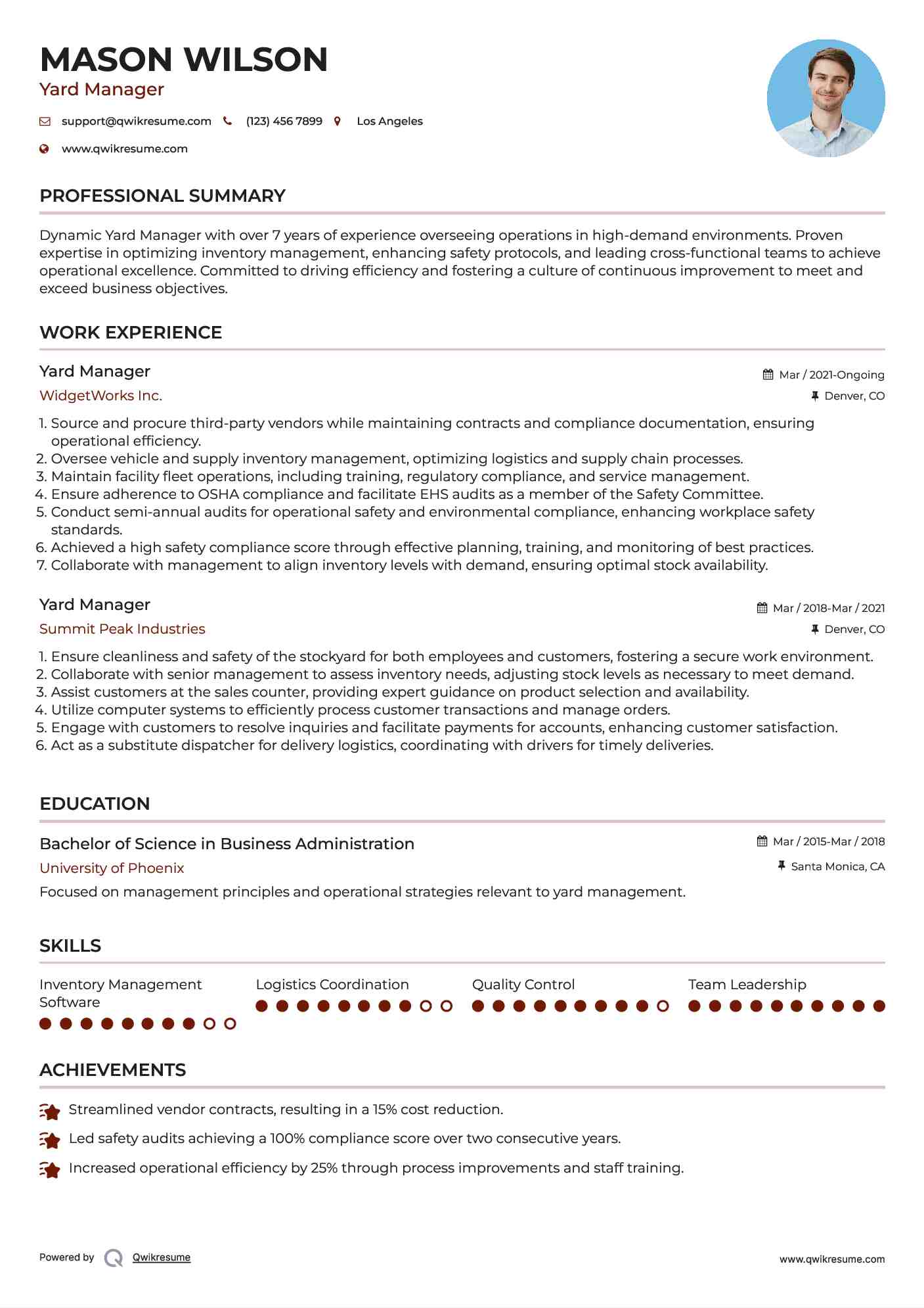 Yard Manager Resume Format