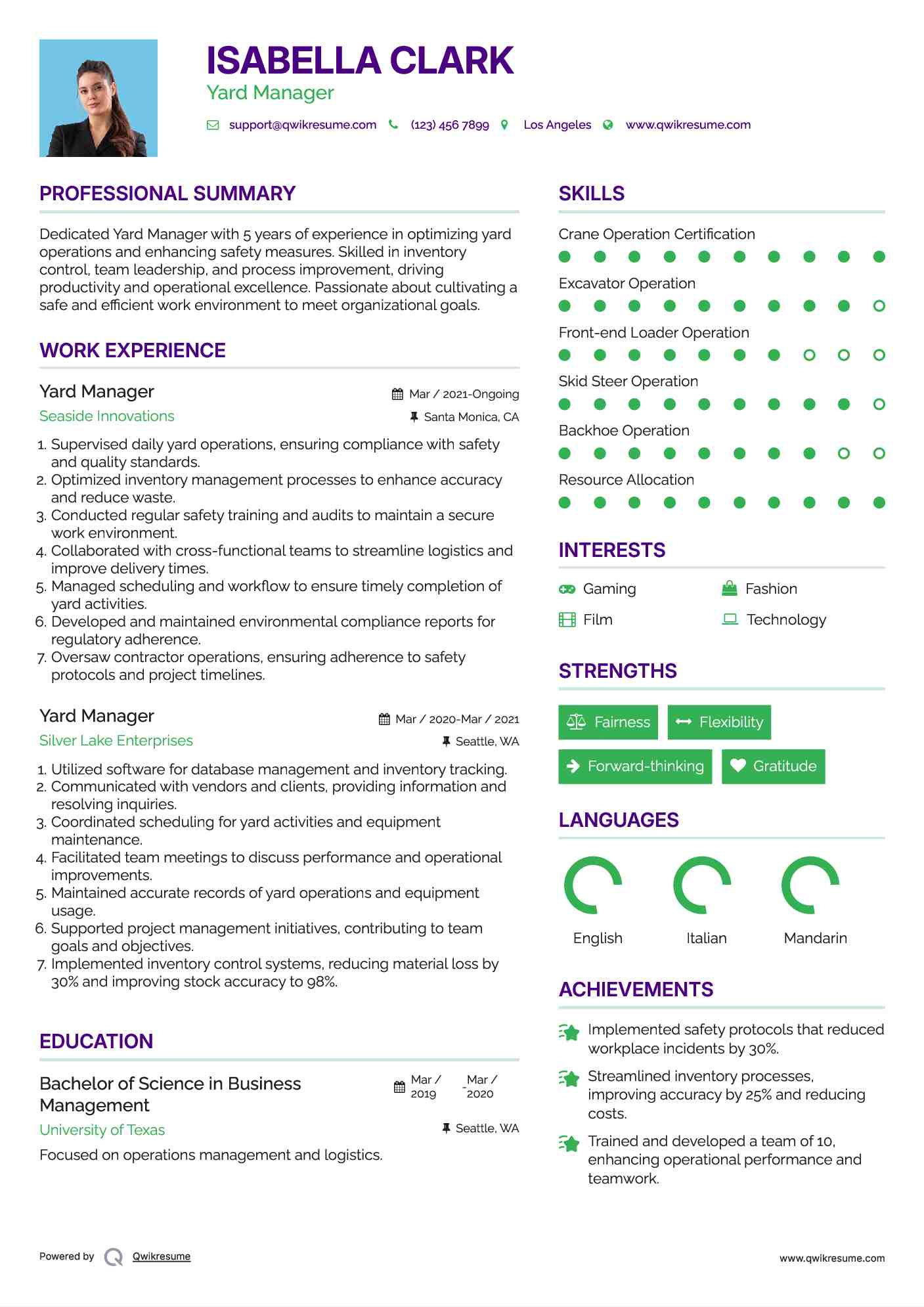 Yard Manager Resume Sample