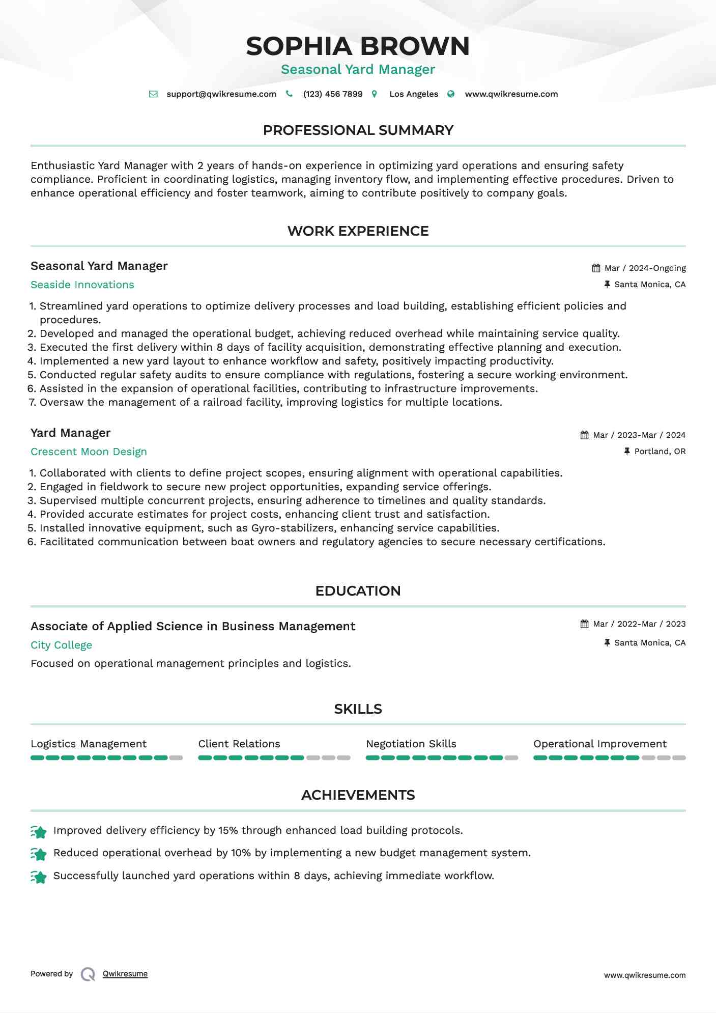 Seasonal Yard Manager Resume Format