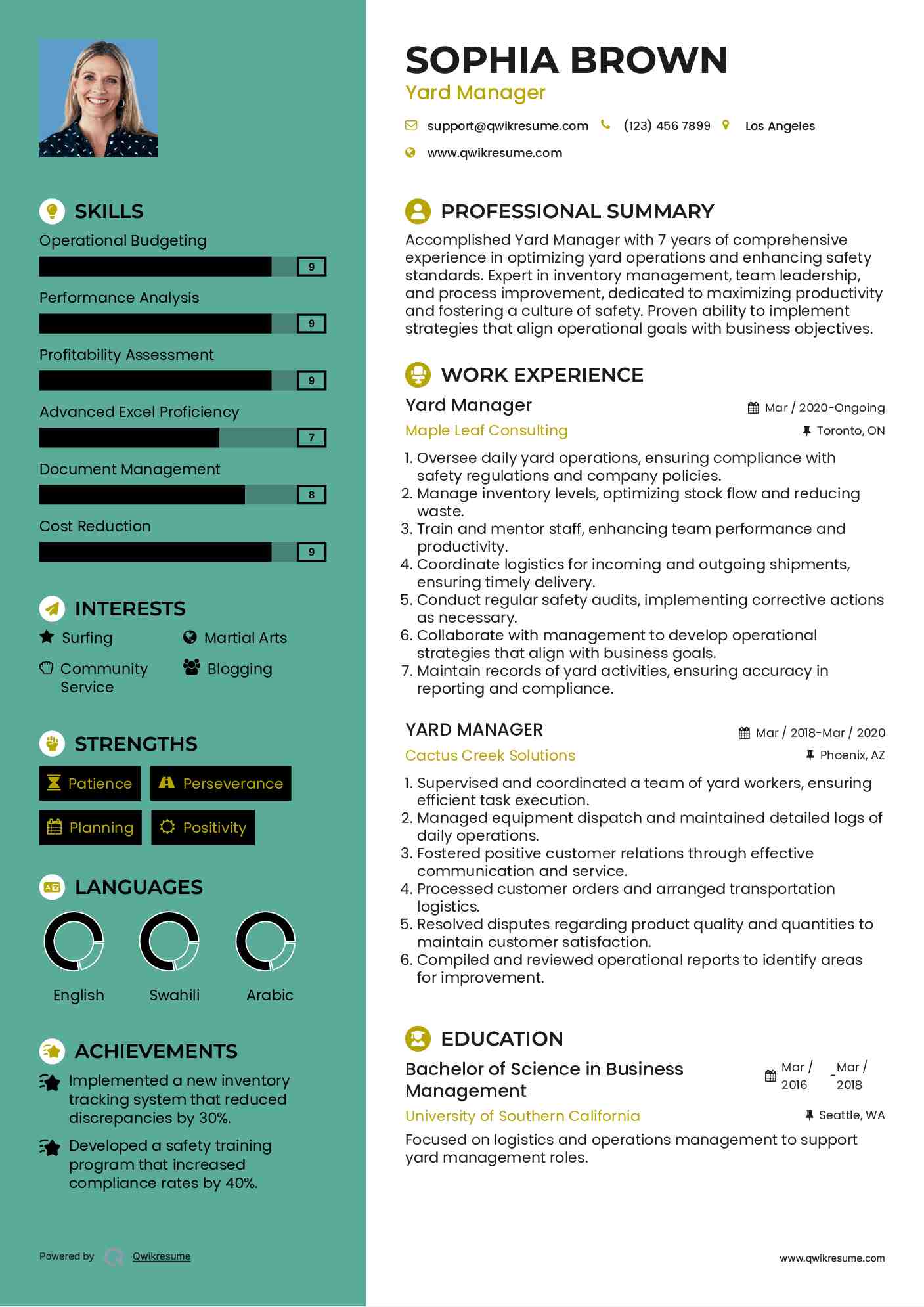 Yard Manager Resume Format