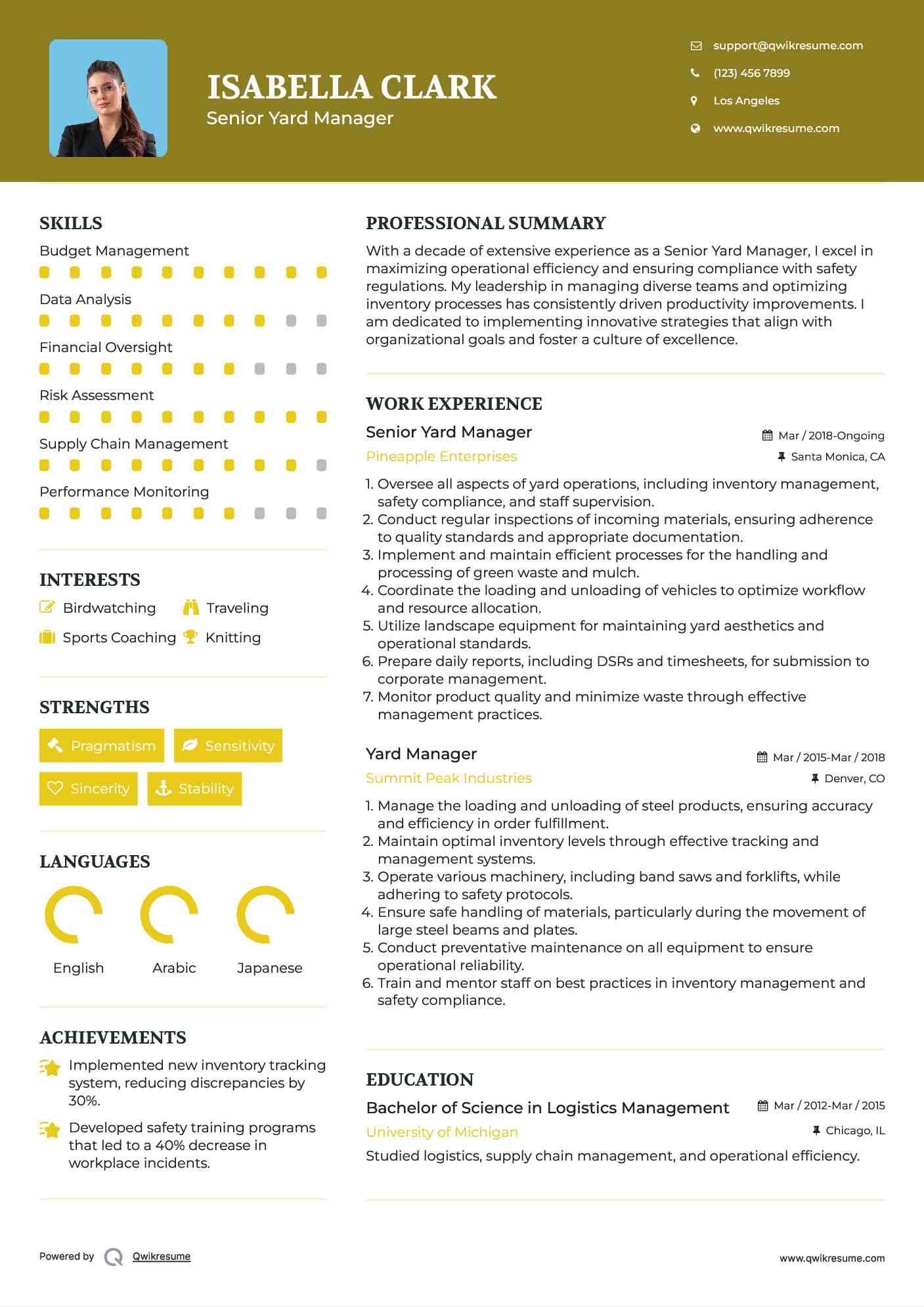 Senior Yard Manager Resume Sample
