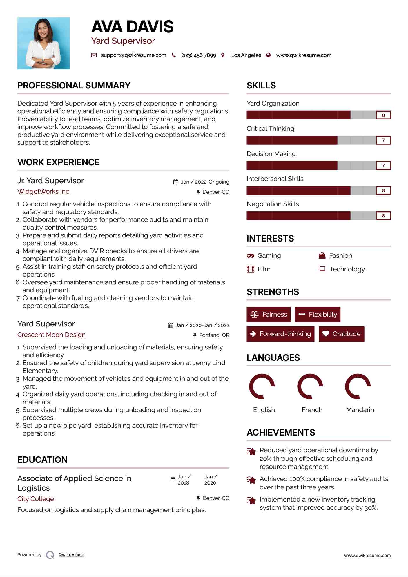 Jr. Yard Supervisor Resume Sample