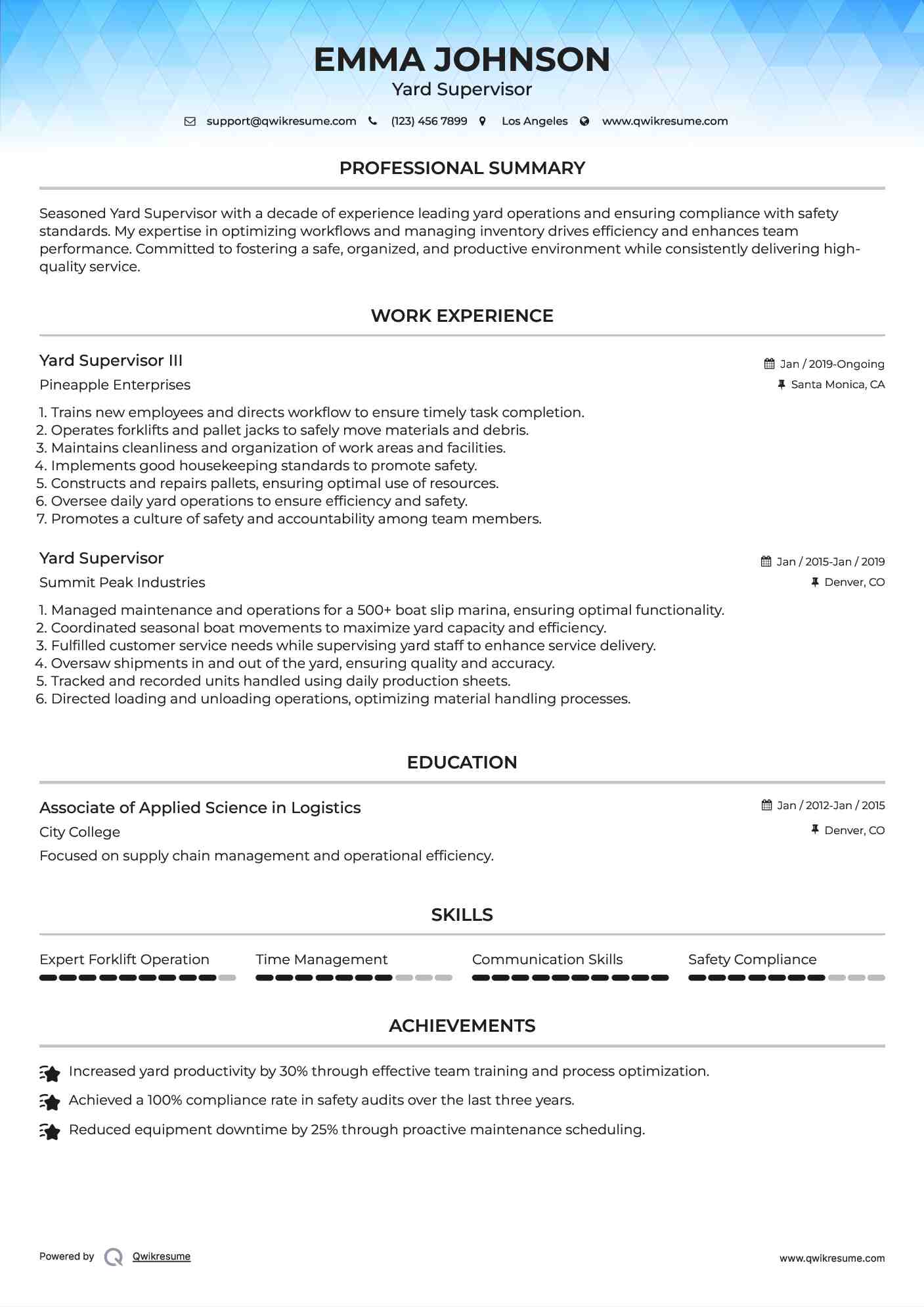 Yard Supervisor III Resume Template