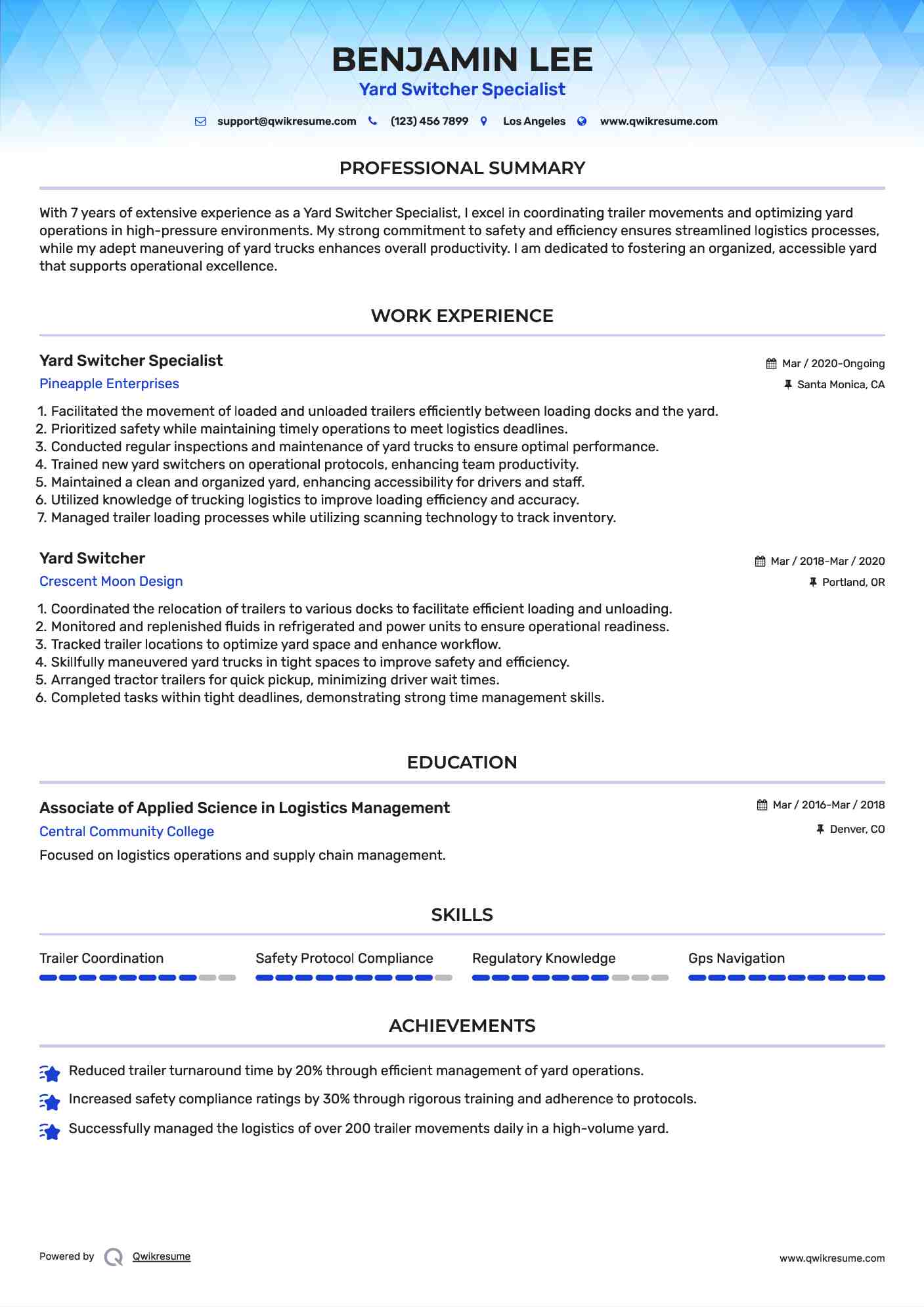 Yard Switcher Specialist Resume Example