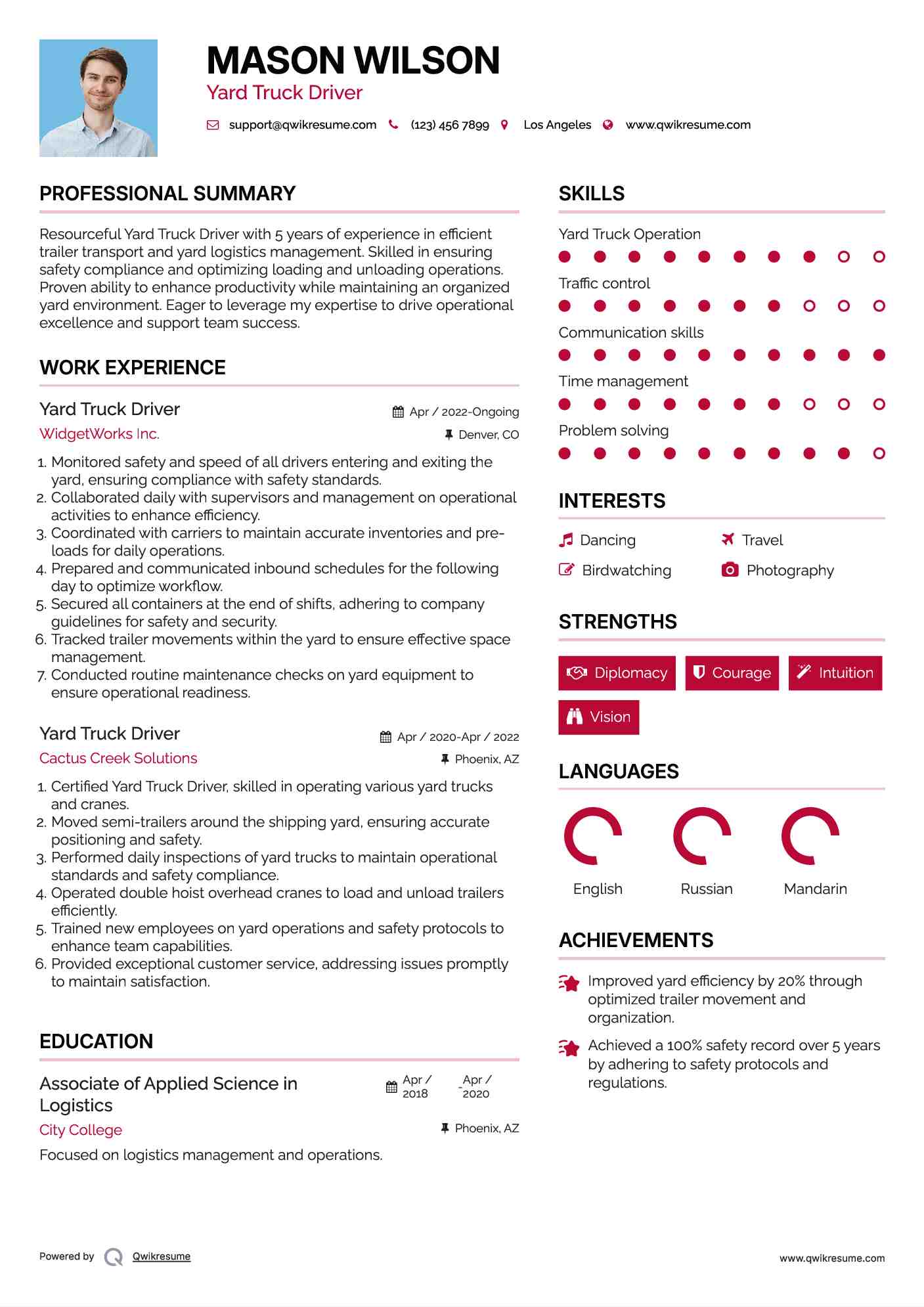 Yard Truck Driver Resume Model