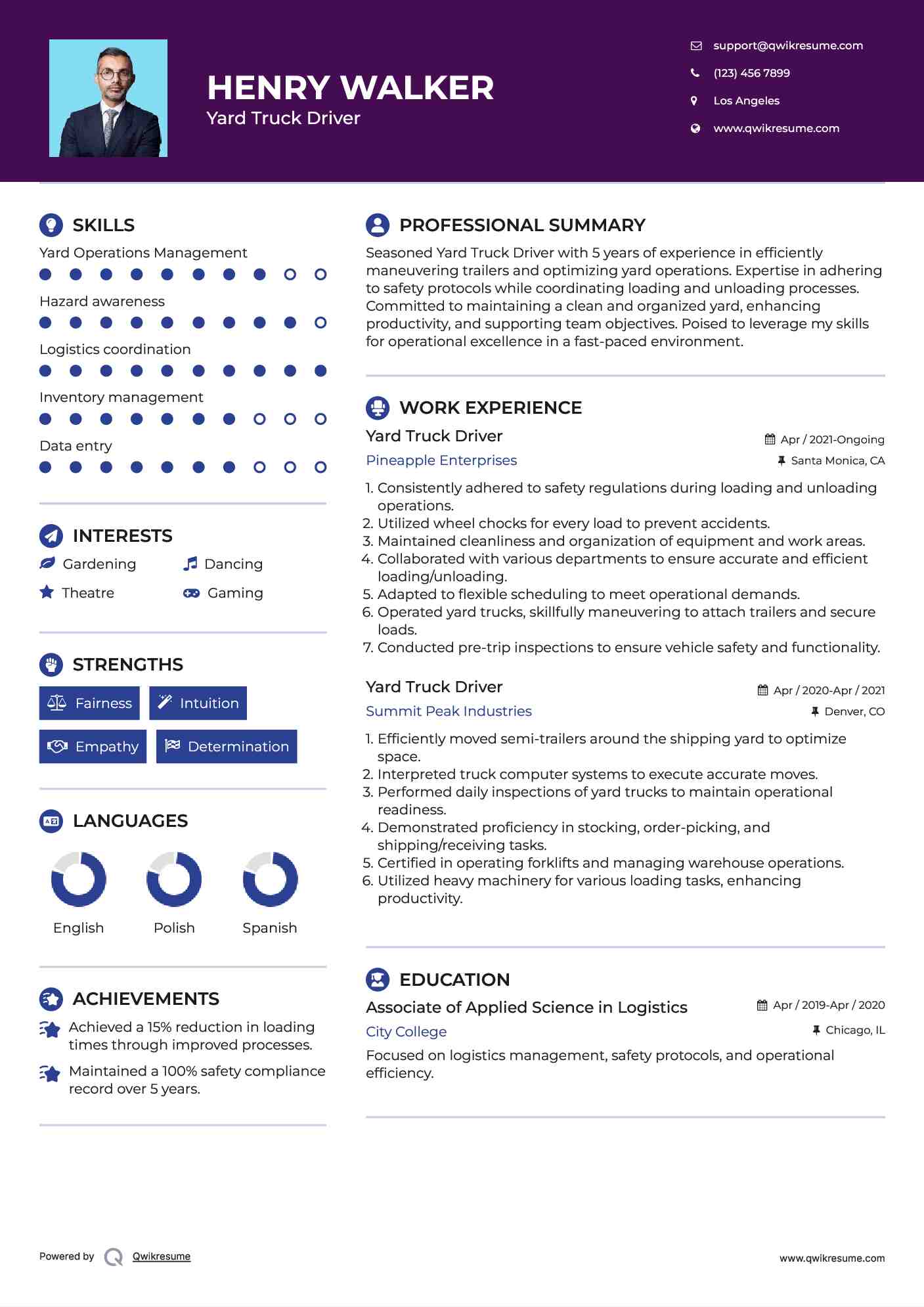 Yard Truck Driver Resume Format