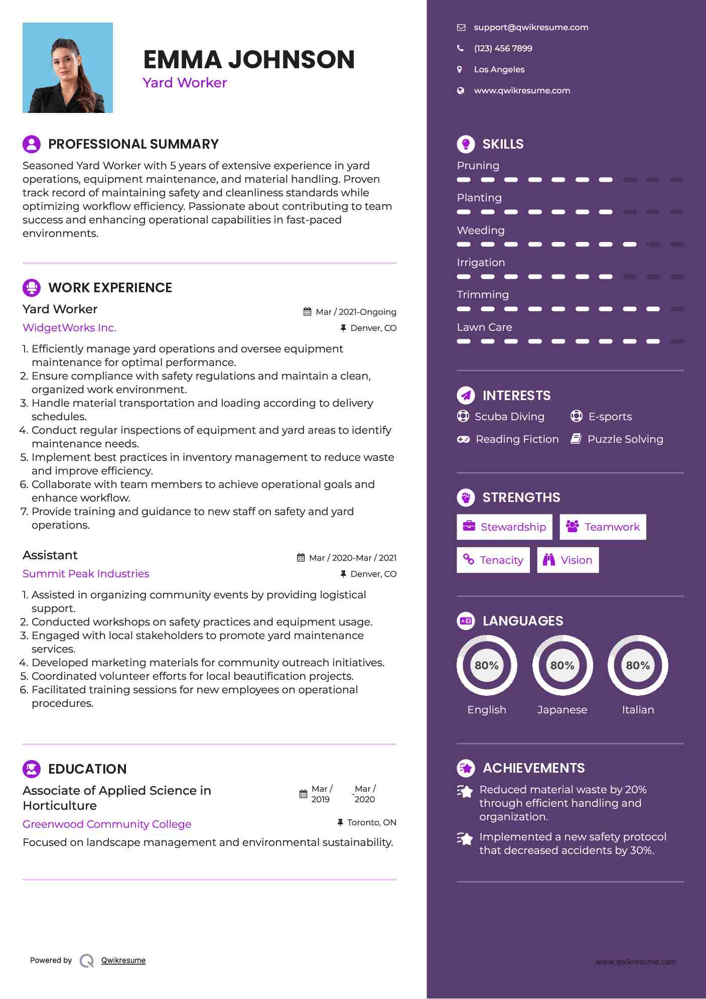 Yard Worker Resume Example