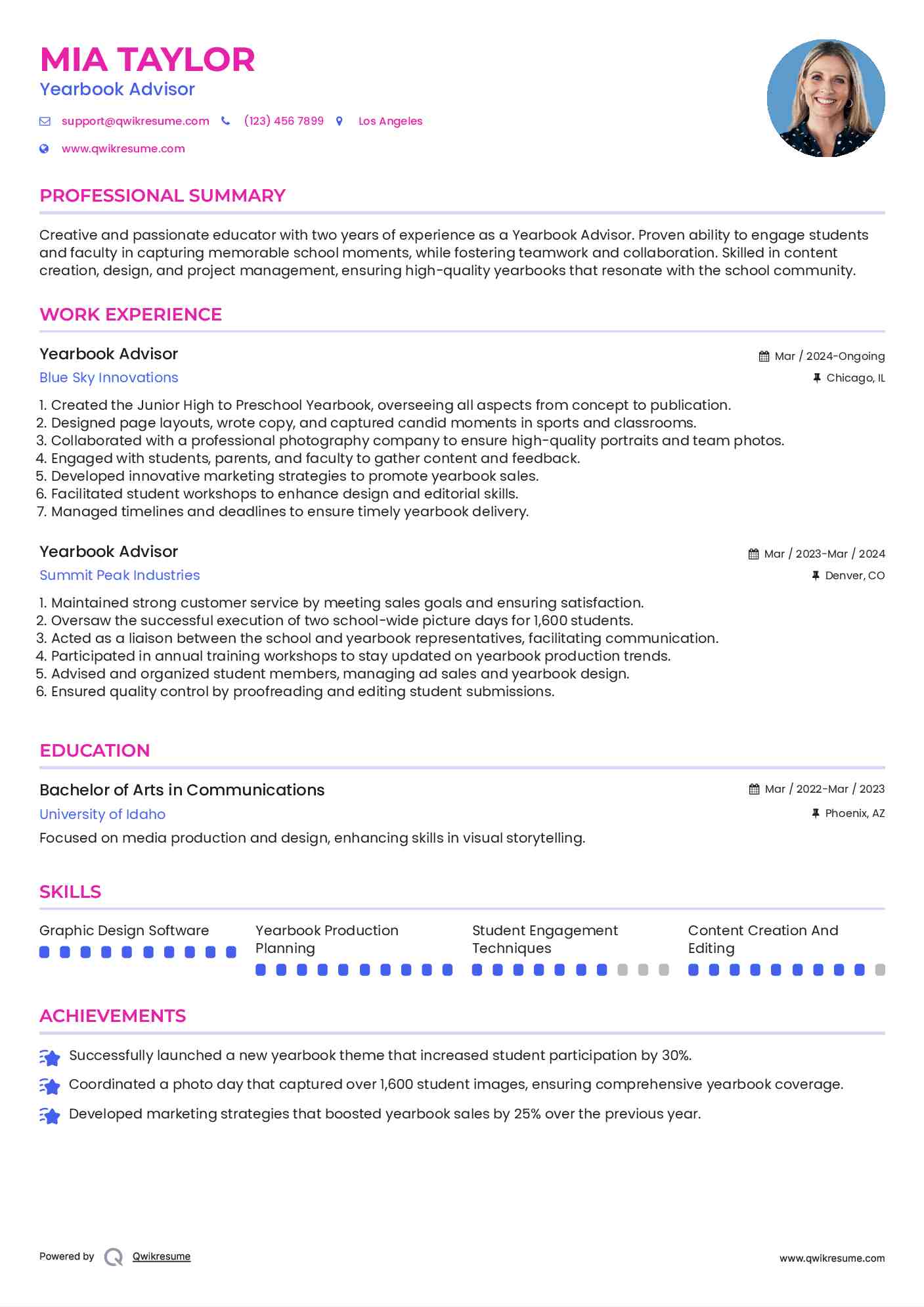 Yearbook Advisor Resume Sample