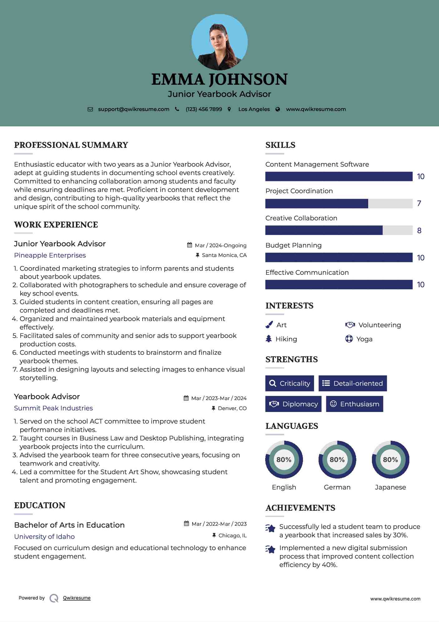 Junior Yearbook Advisor Resume Template