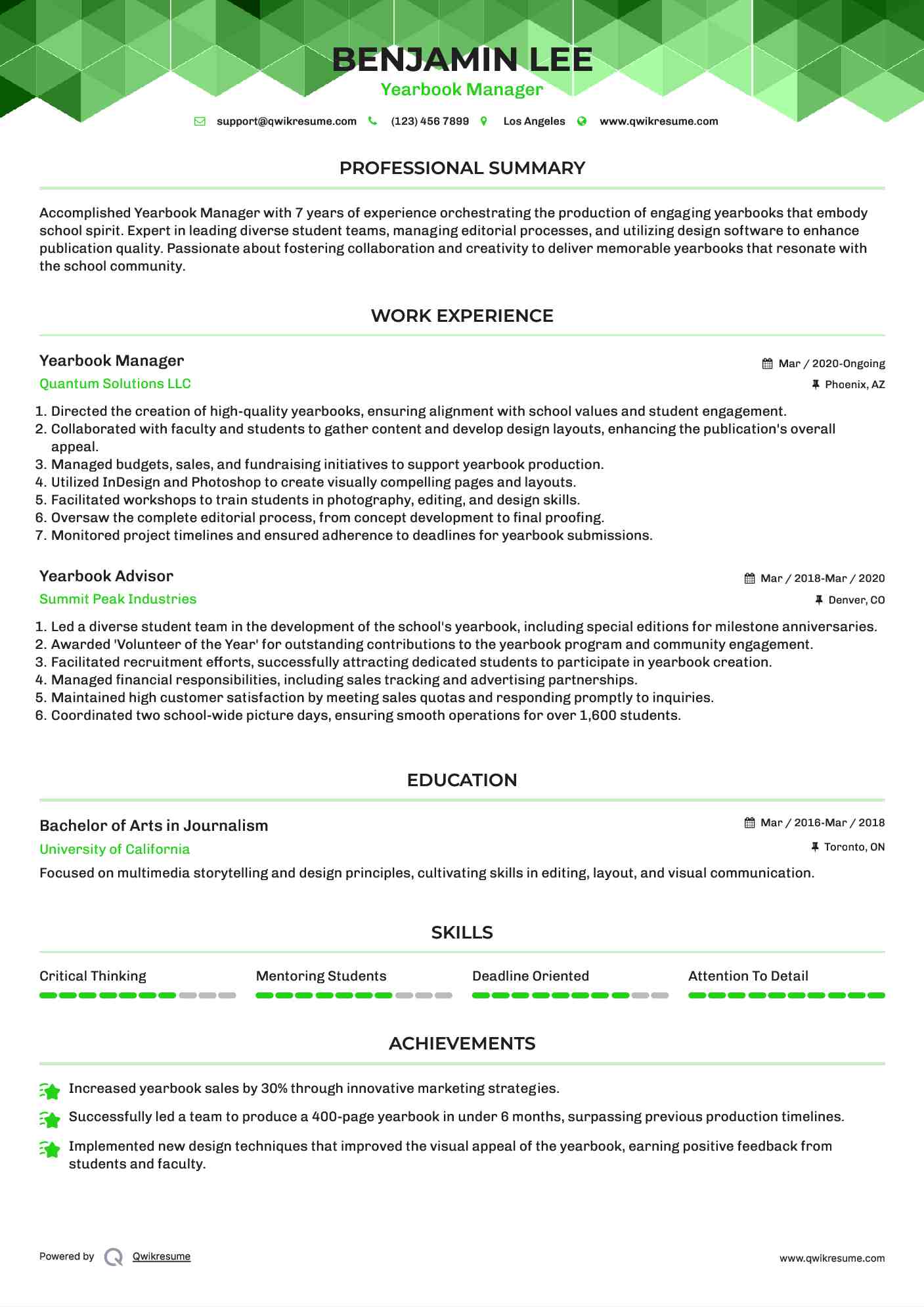 Yearbook Manager Resume Example
