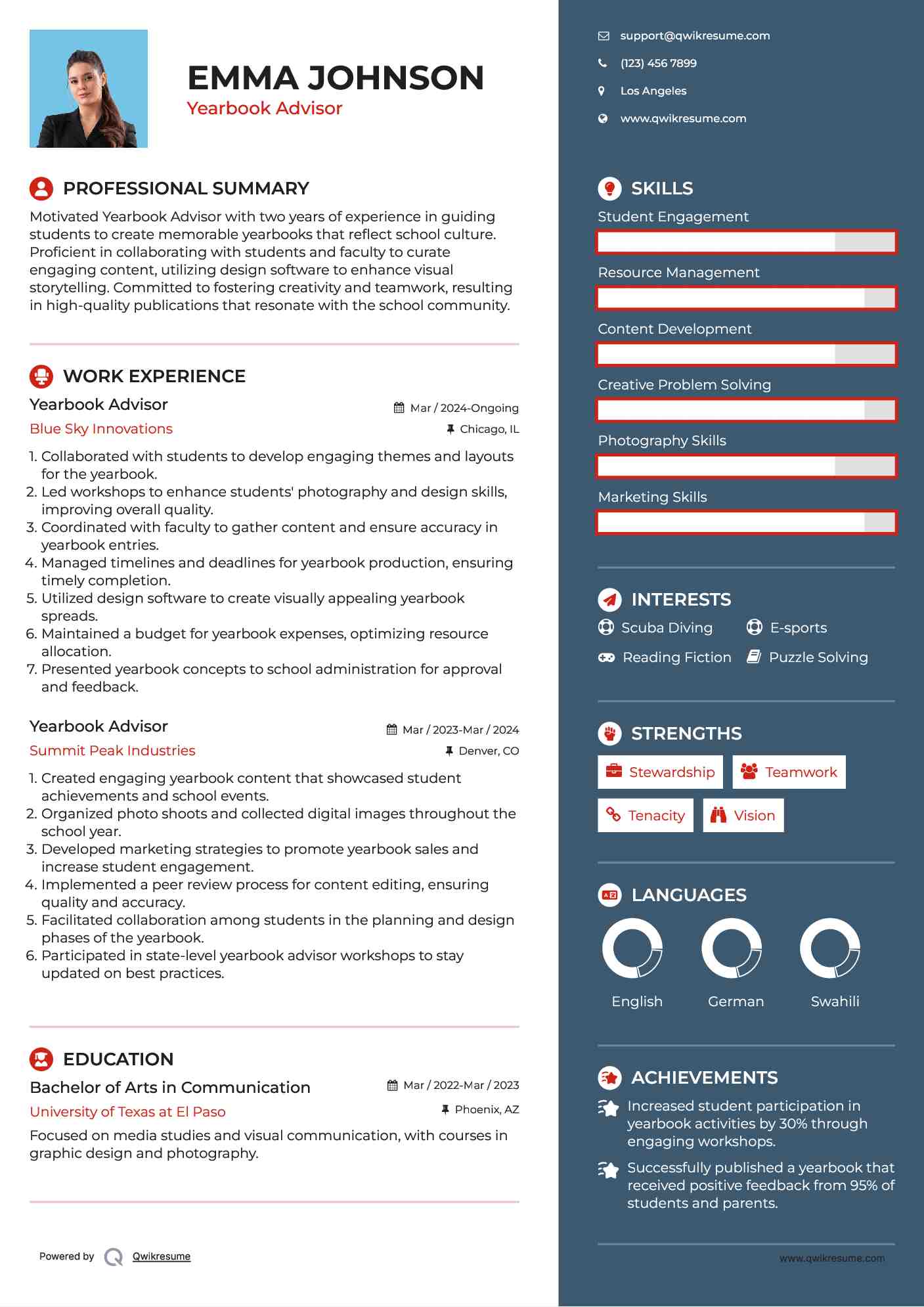 Yearbook Advisor Resume Example