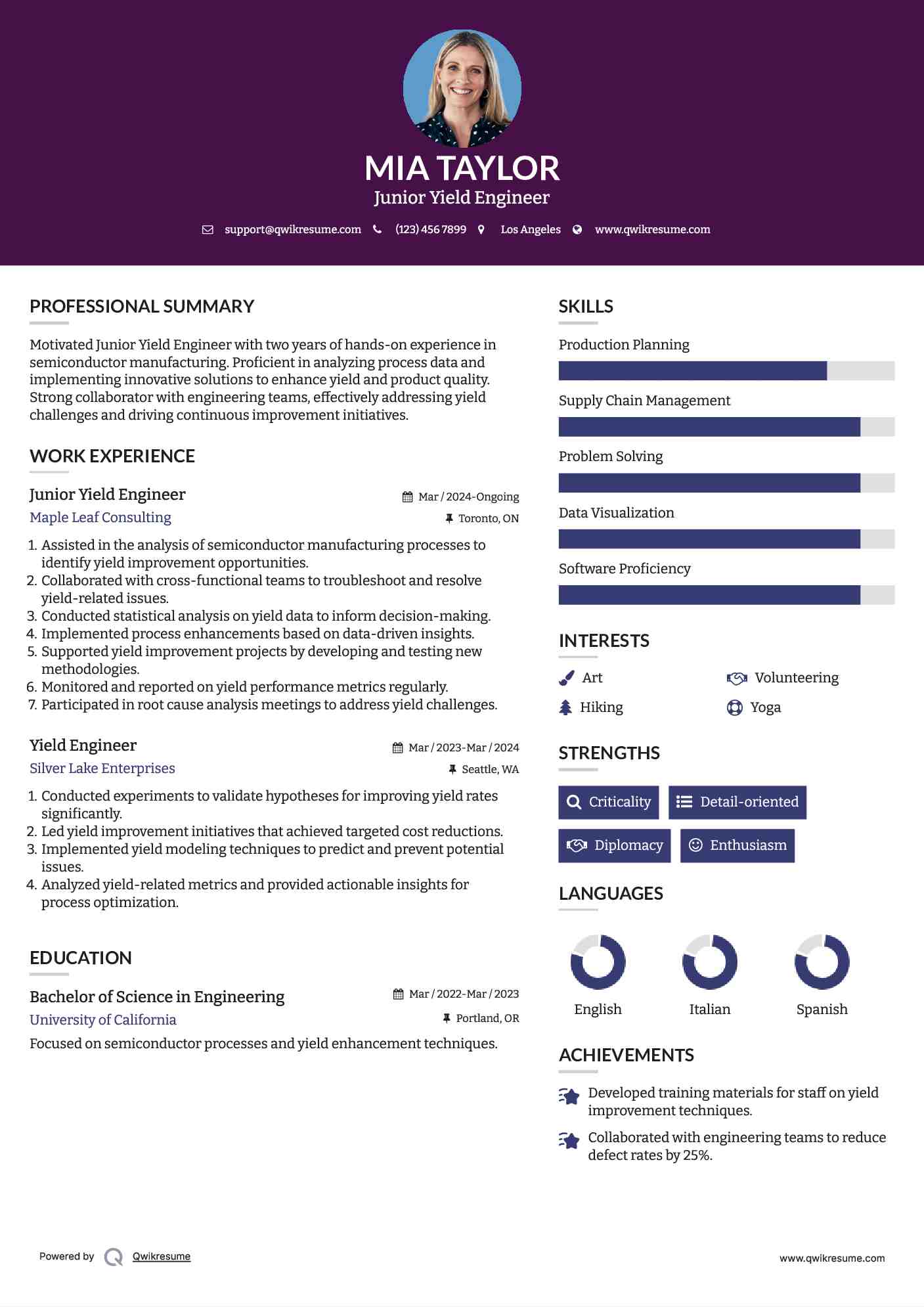 Junior Yield Engineer Resume Model
