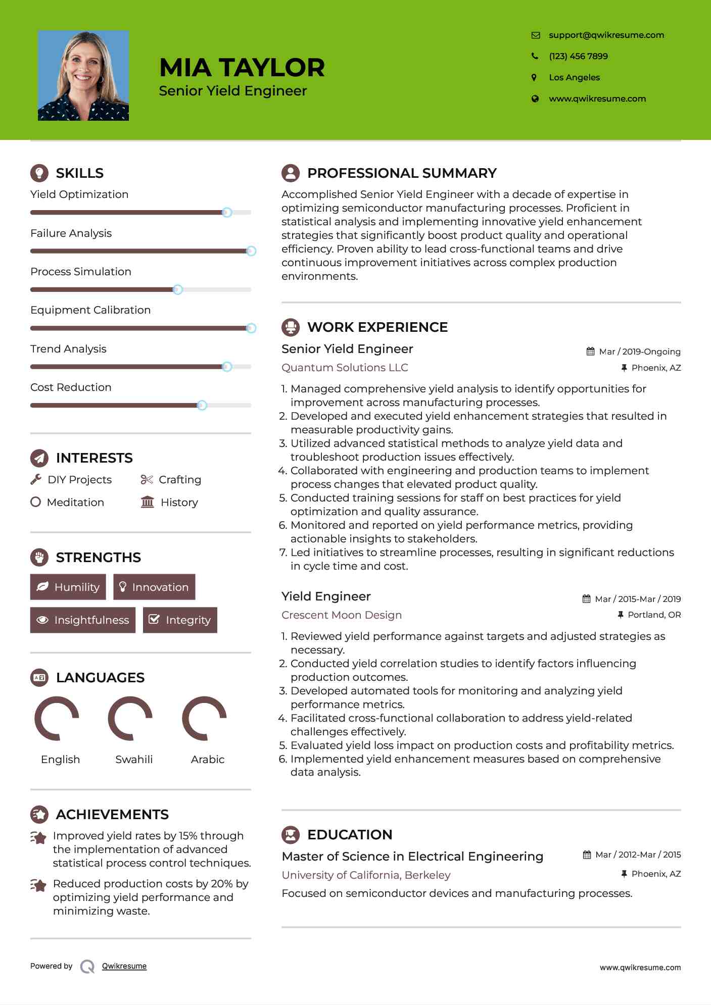 Senior Yield Engineer  Resume Model