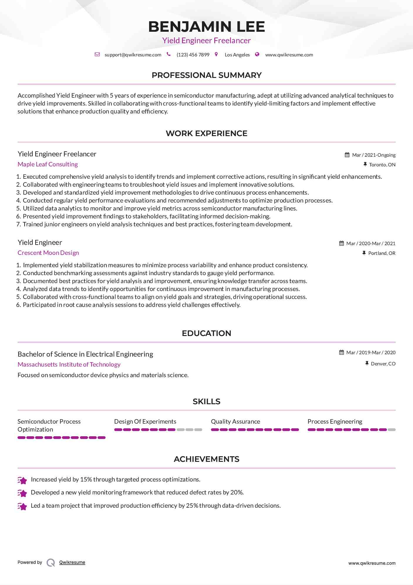 Yield Engineer Freelancer Resume Example