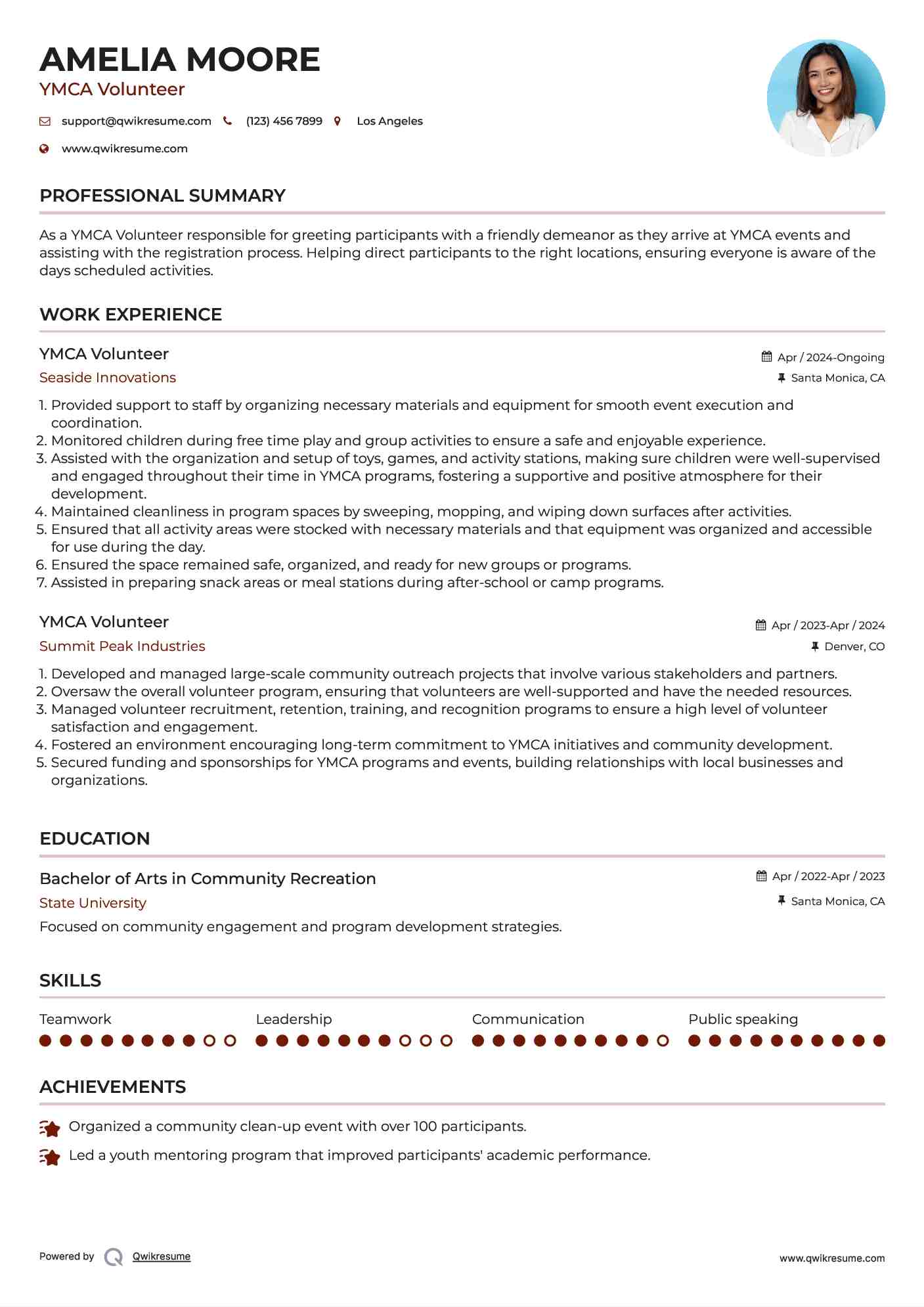 YMCA Volunteer Resume Sample