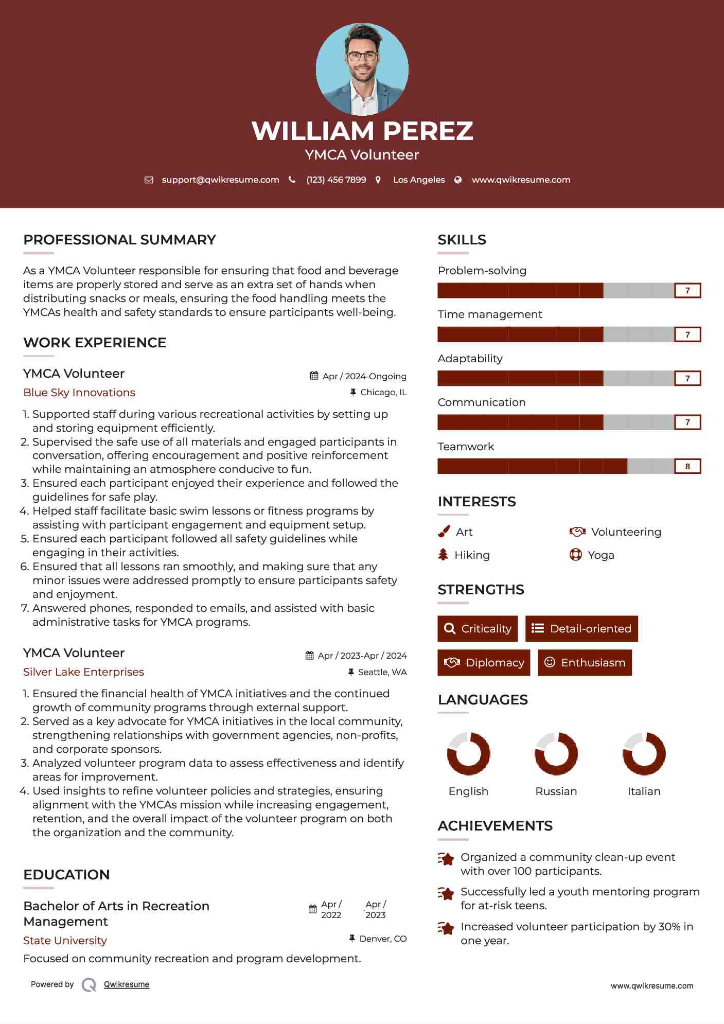 YMCA Volunteer Resume Model