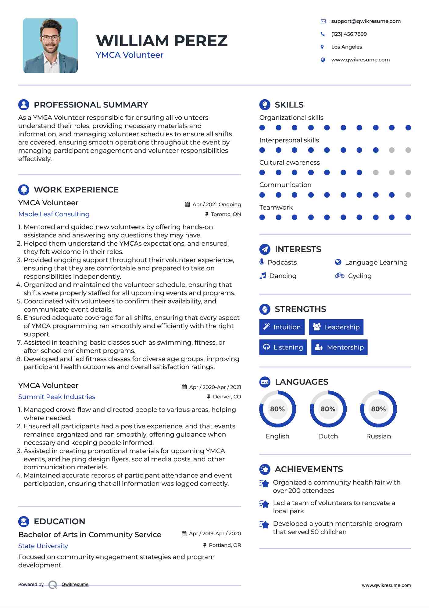 YMCA Volunteer Resume Sample