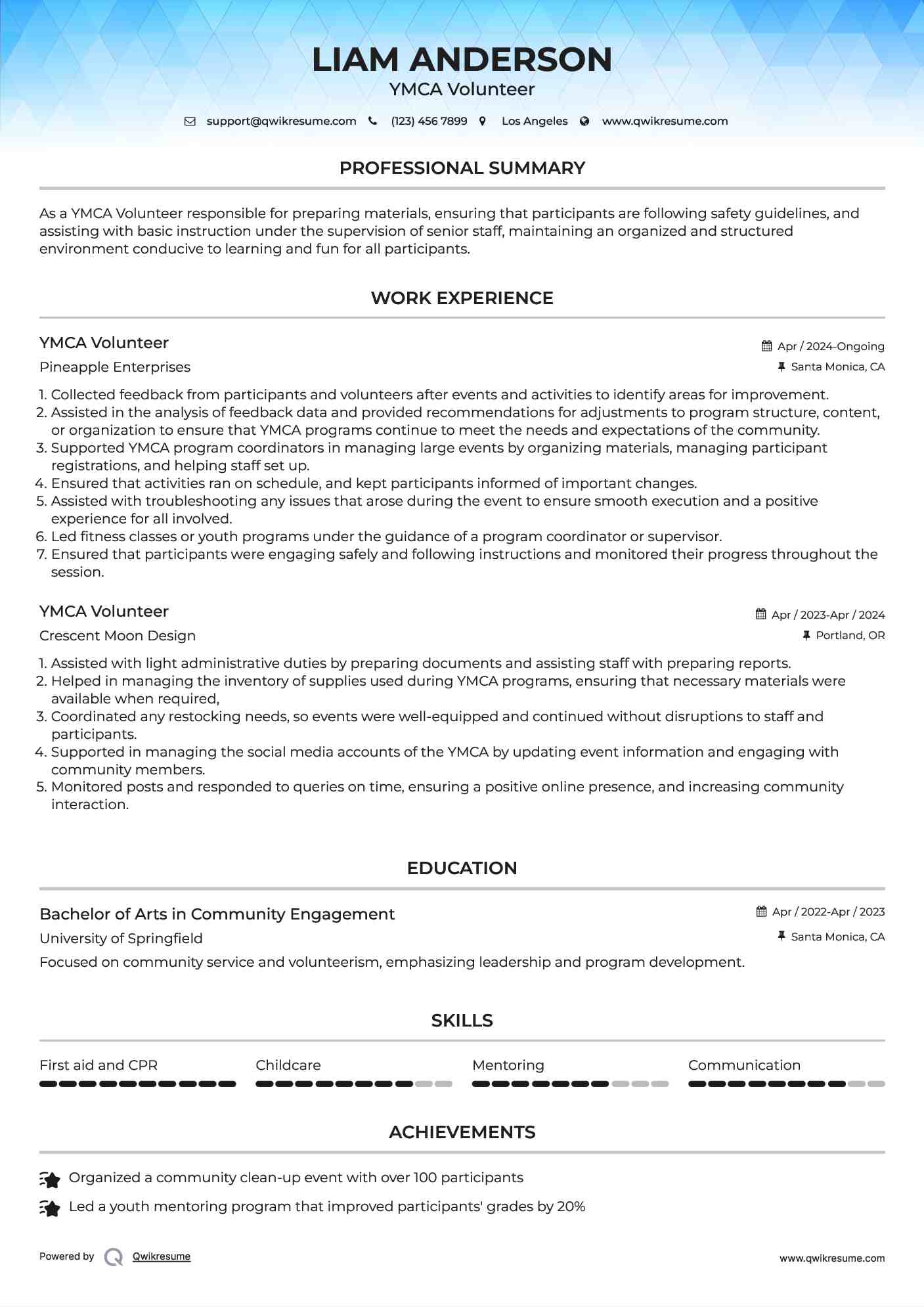YMCA Volunteer Resume Template