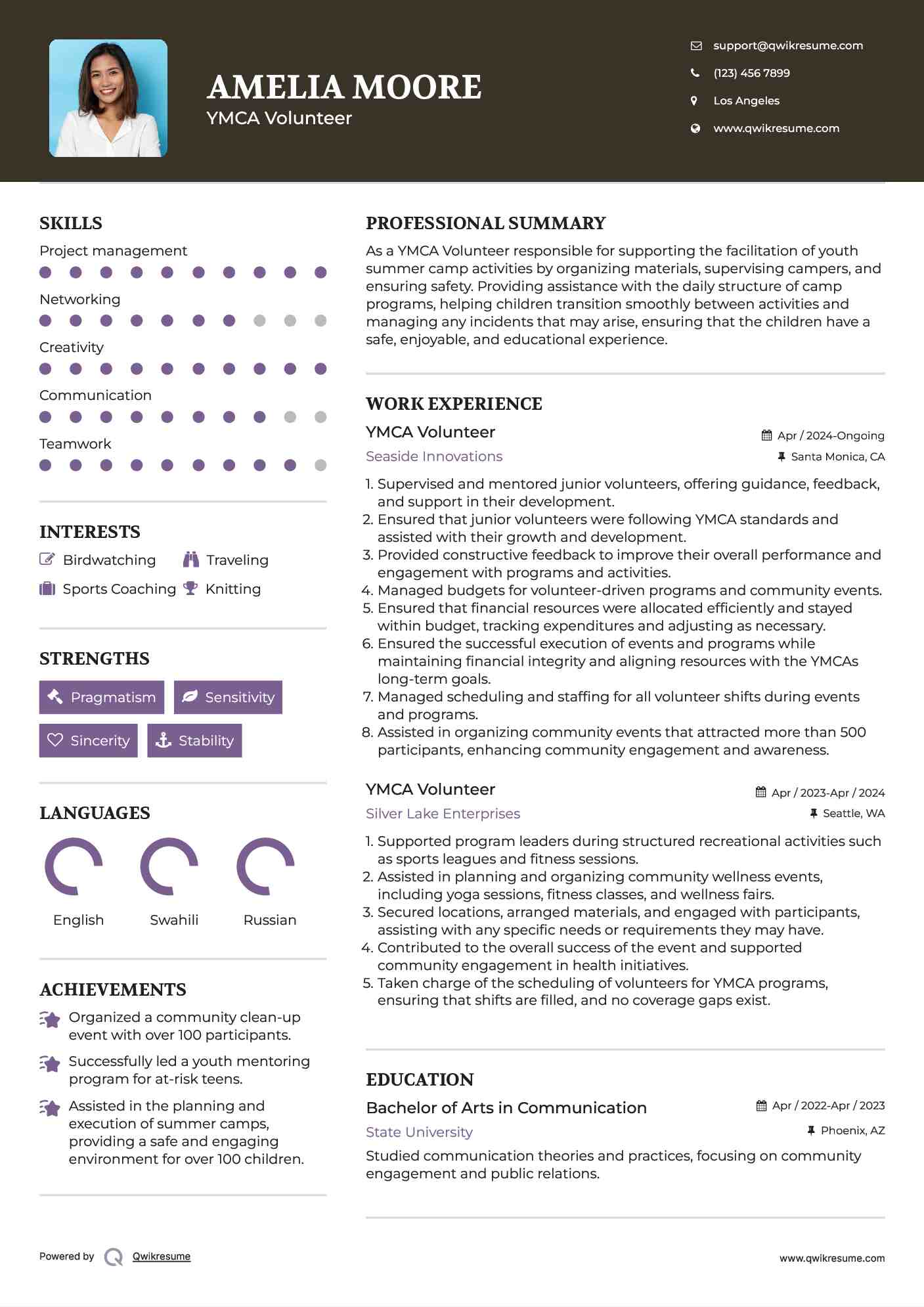 YMCA Volunteer Resume Model