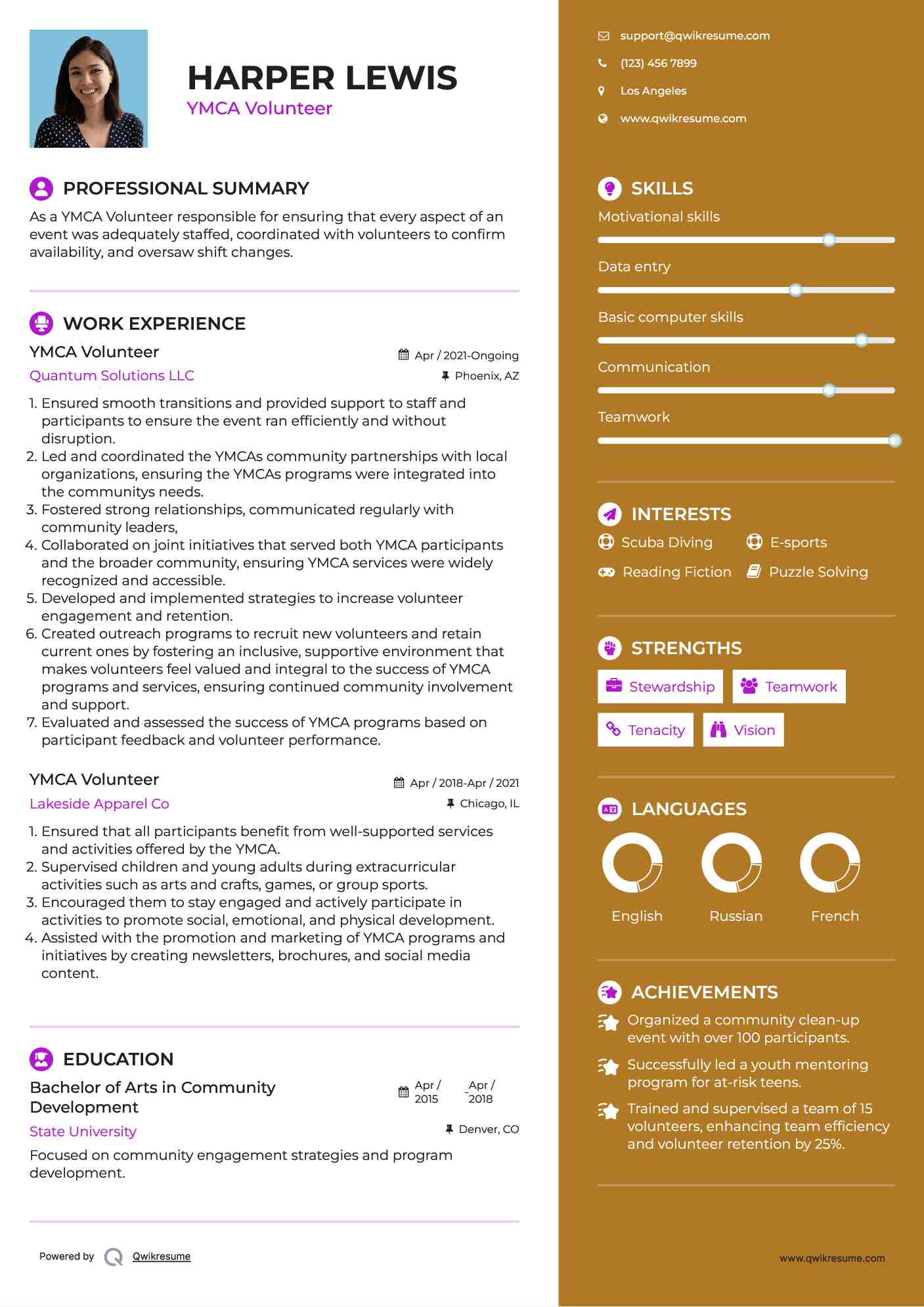 YMCA Volunteer Resume Sample