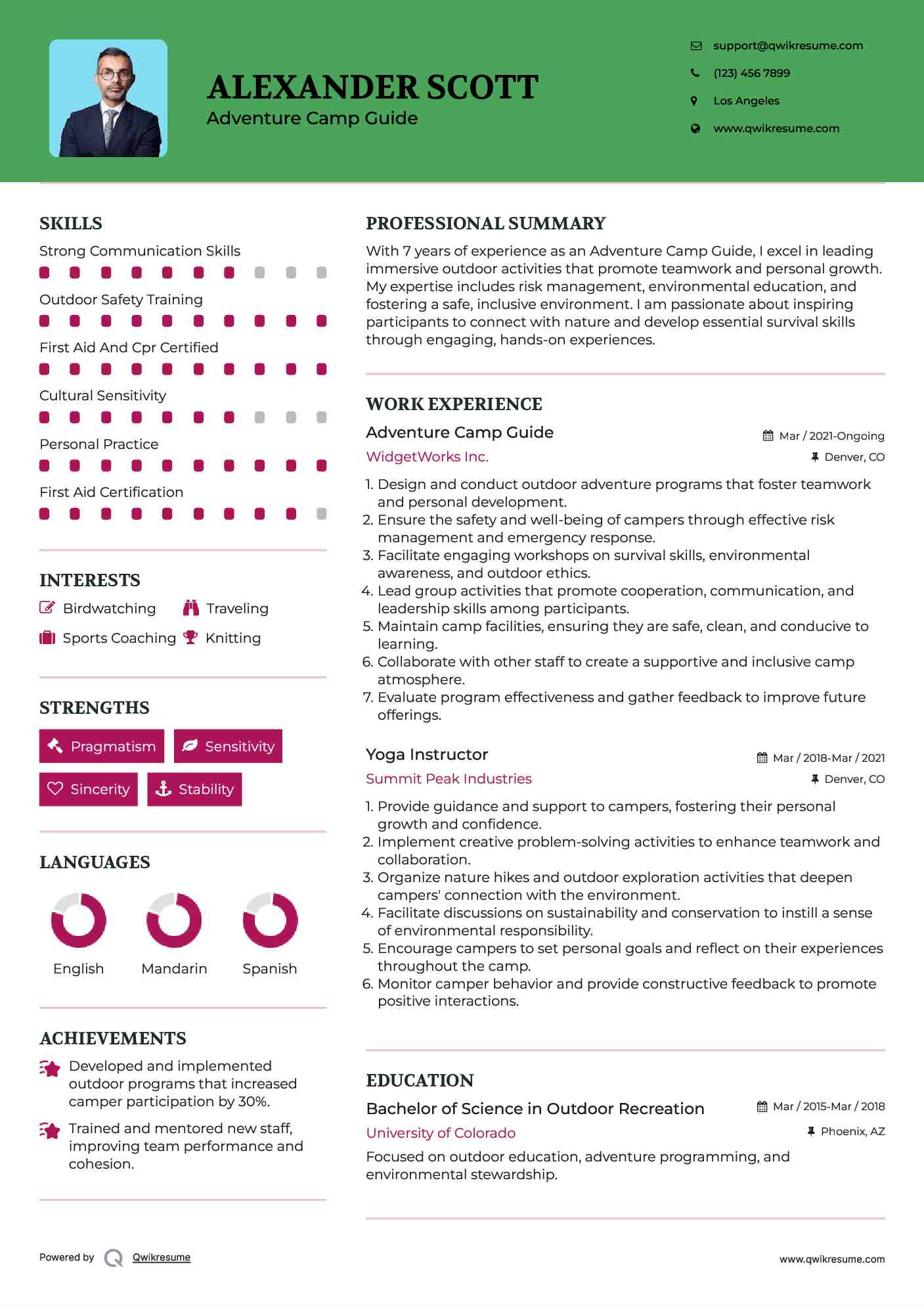 Adventure Camp Guide Resume Format