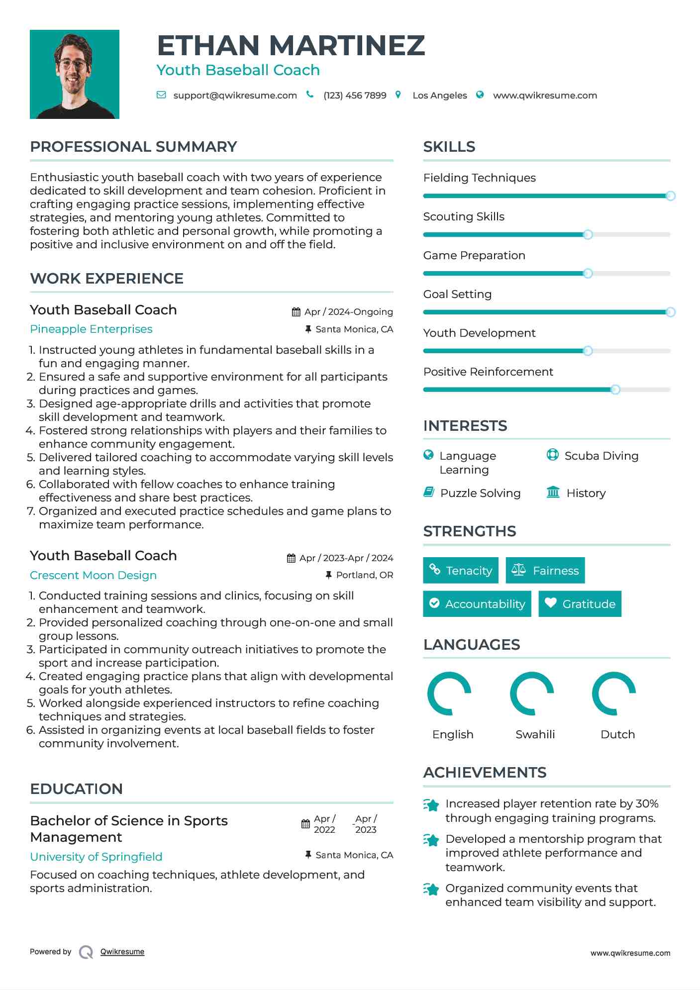 Youth Baseball Coach Resume Example