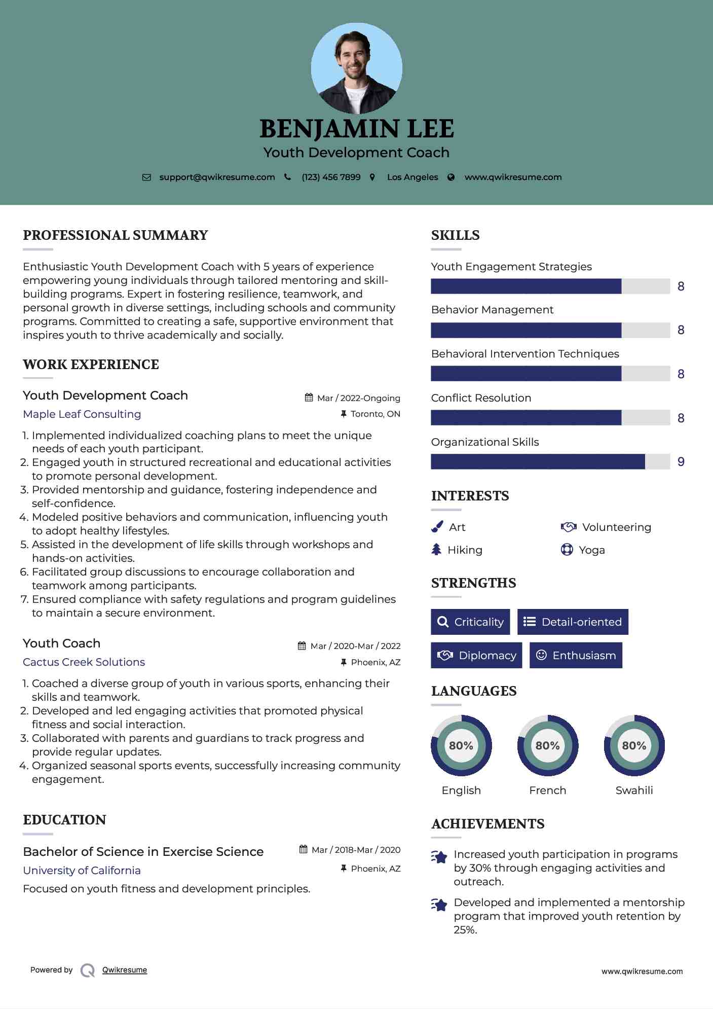 Youth Development Coach Resume Sample
