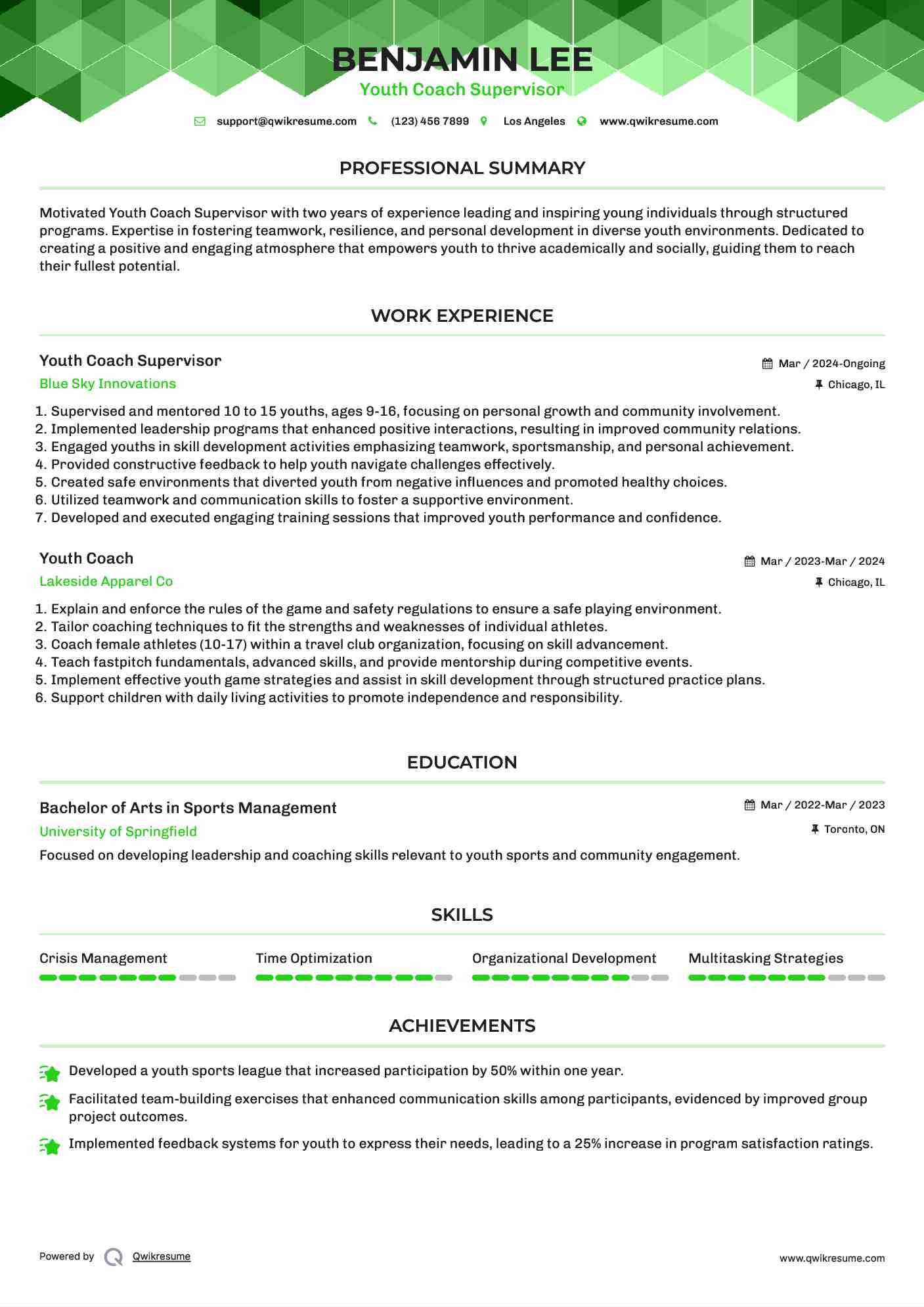 Youth Coach Supervisor
 Resume Template