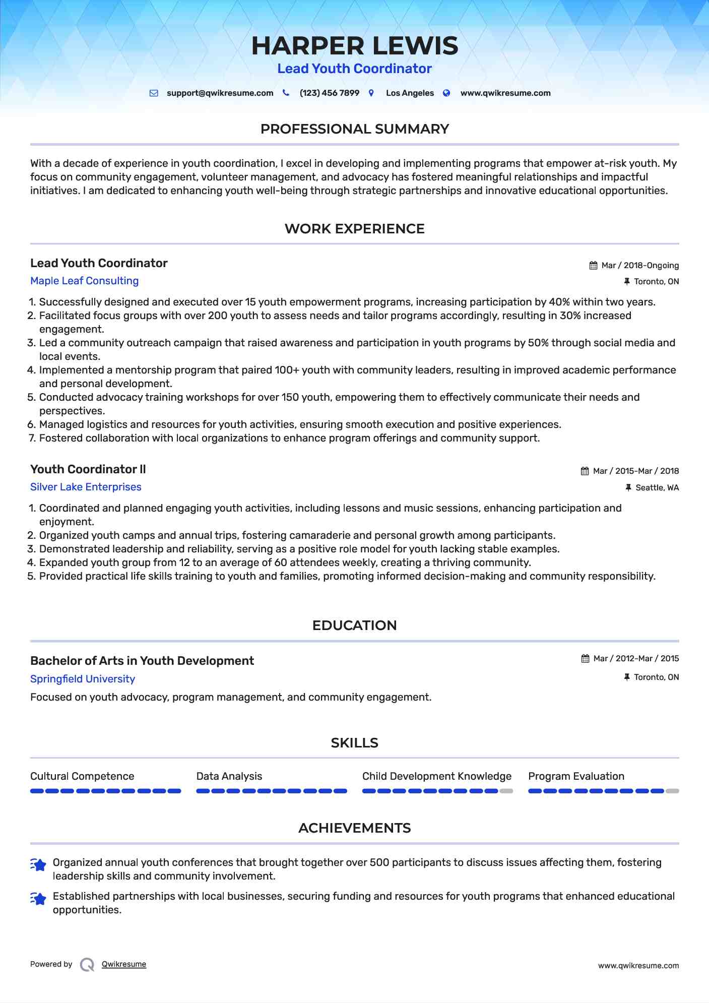 Lead Youth Coordinator  Resume Format