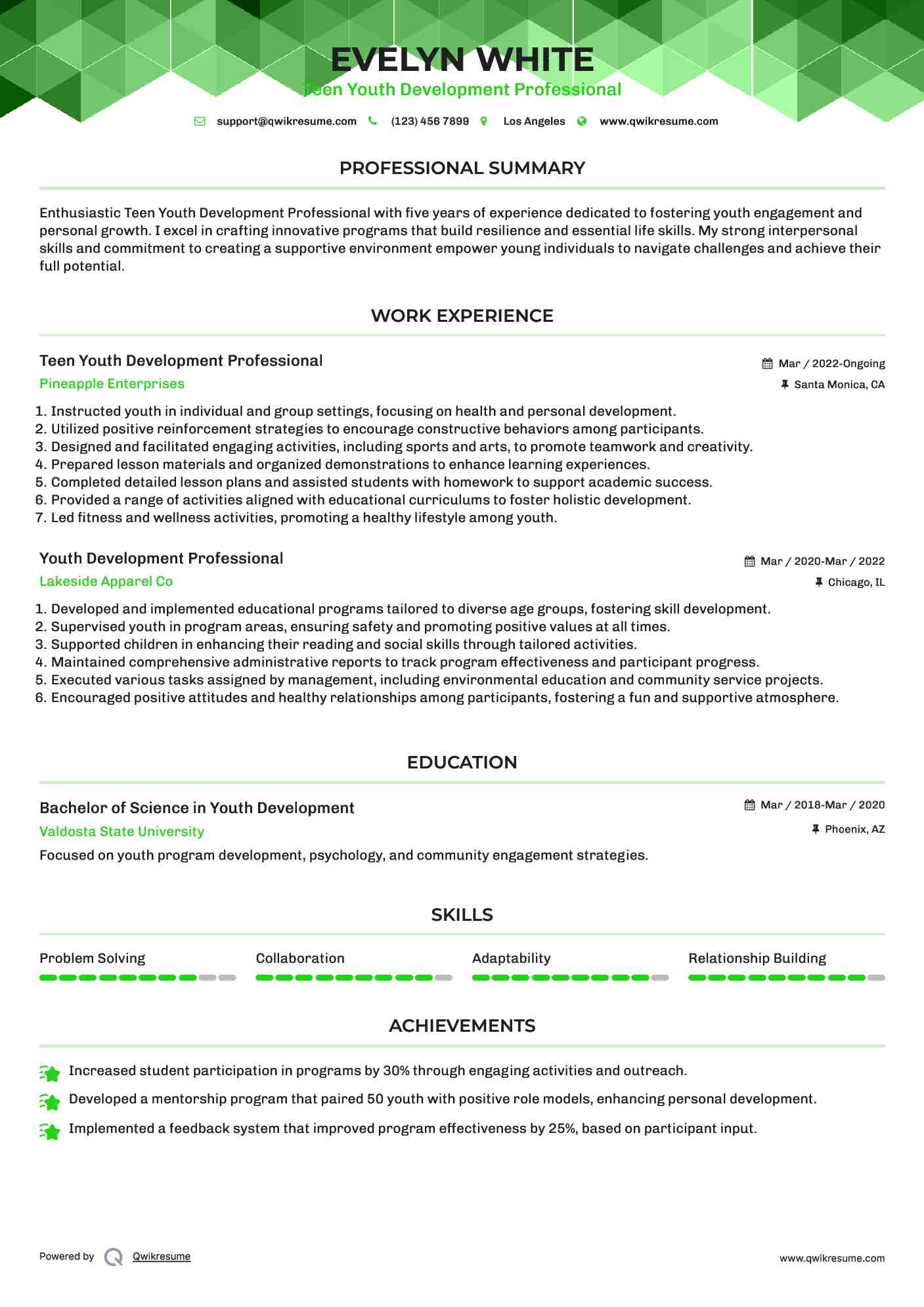 Teen Youth Development Professional
 Resume Template