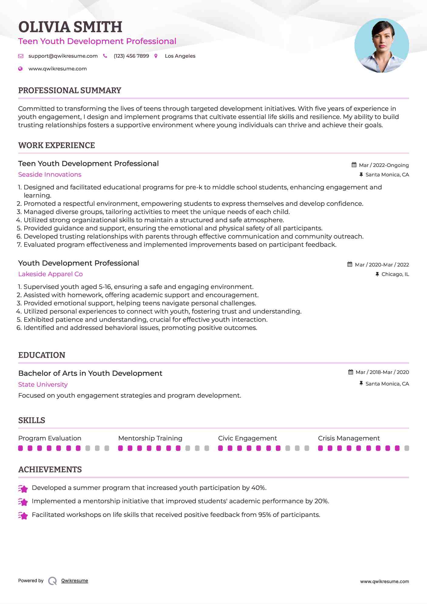 Teen Youth Development Professional
 Resume Model
