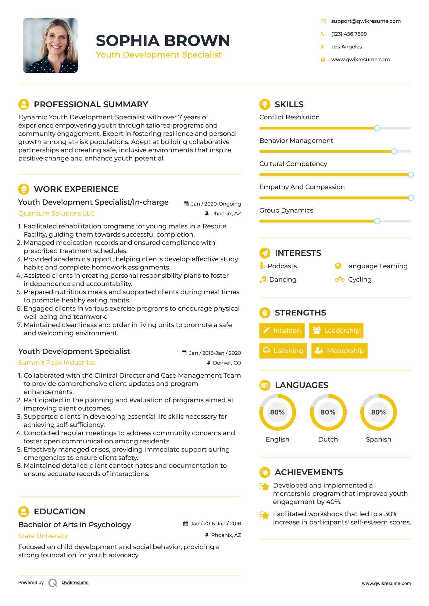Youth Development Specialist/In-charge Resume Sample