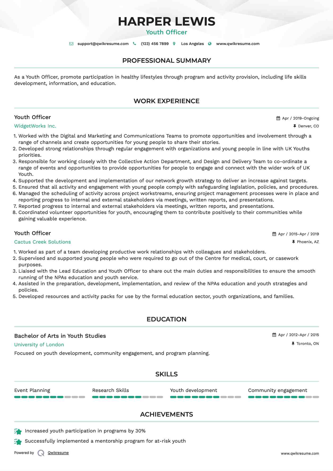 Youth Officer Resume Template