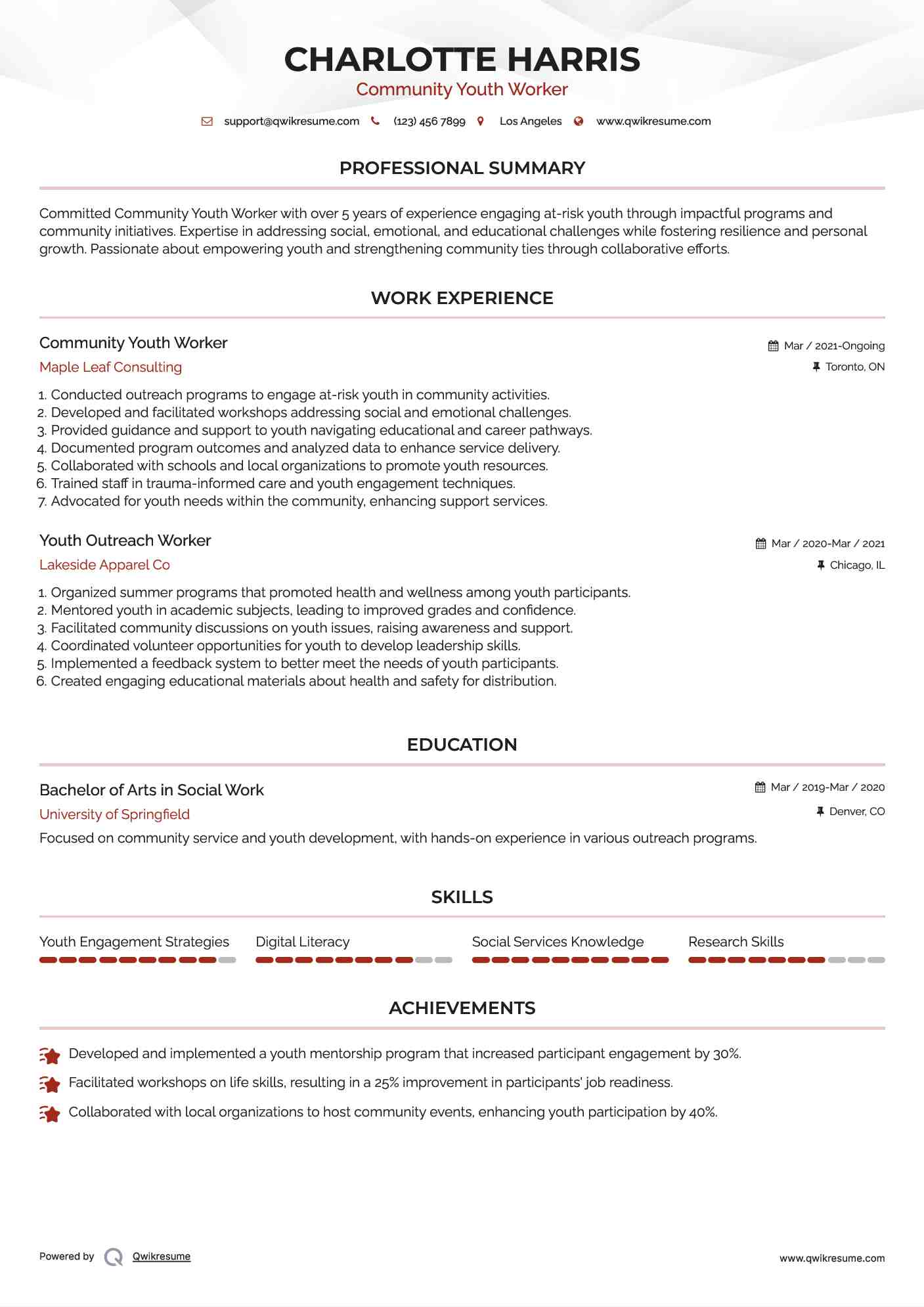 Community Youth Worker Resume Template