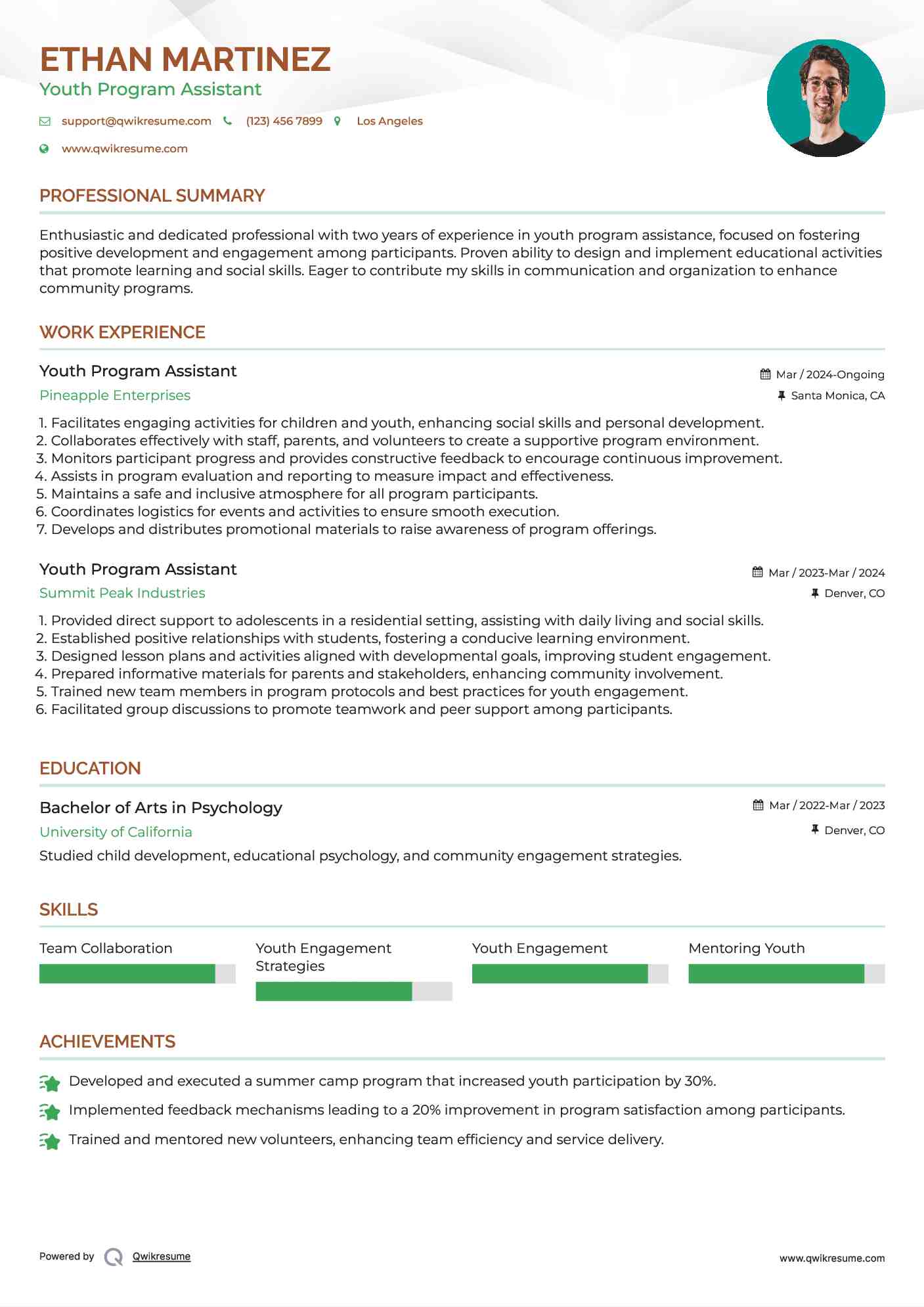 Youth Program Assistant Resume Model