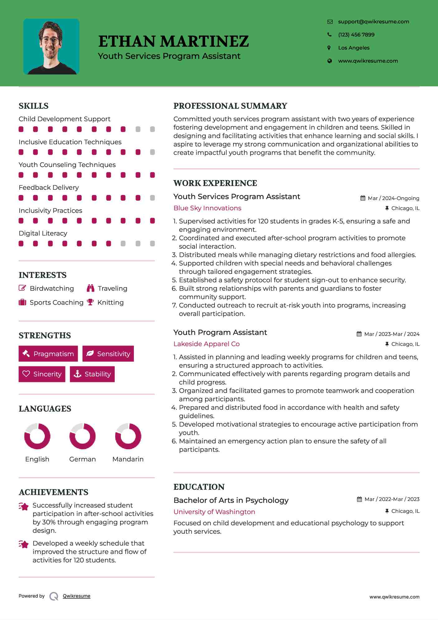 Youth Services Program Assistant Resume Sample