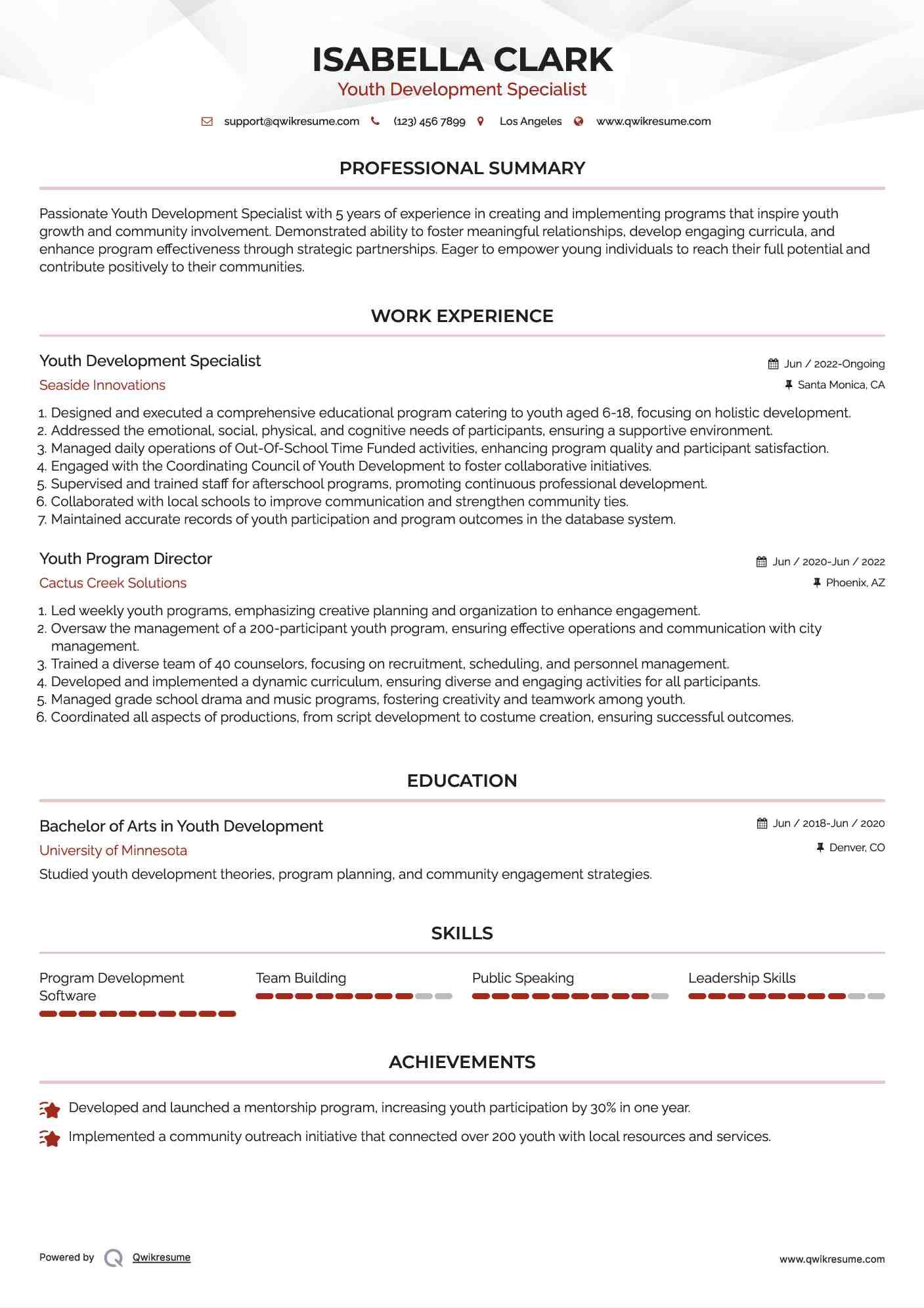 Youth Development Specialist Resume Example