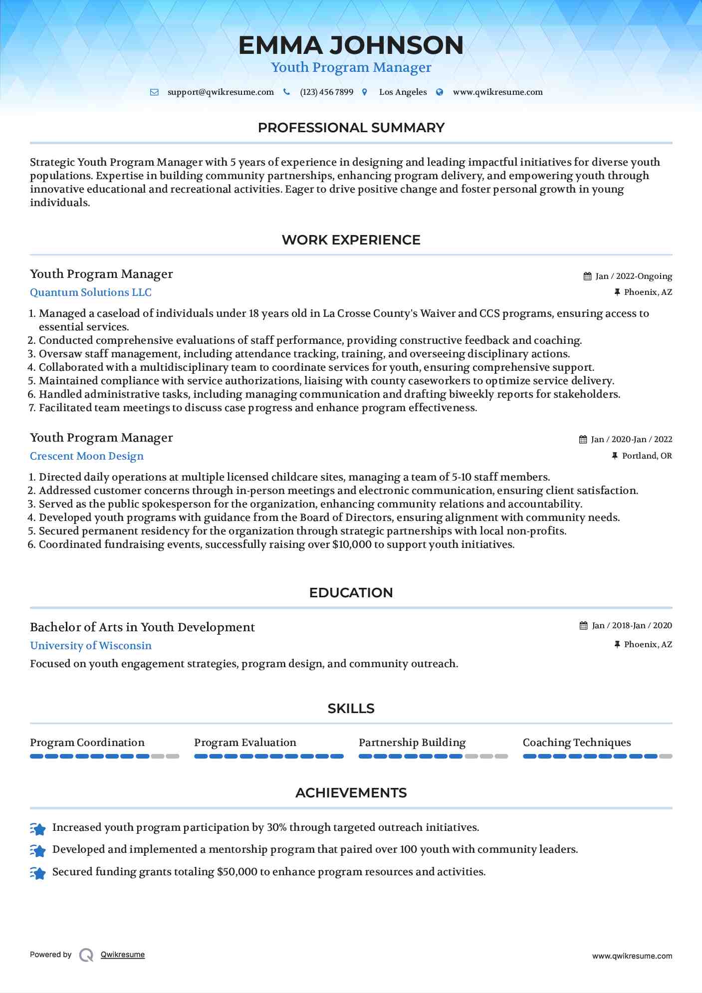 Youth Program Manager Resume Example