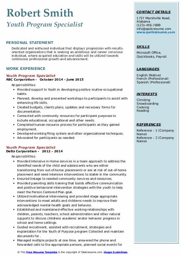 Youth Program Specialist Resume Samples QwikResume