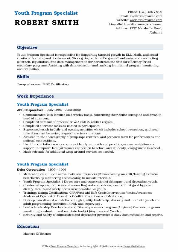 Youth Program Specialist Resume Samples QwikResume
