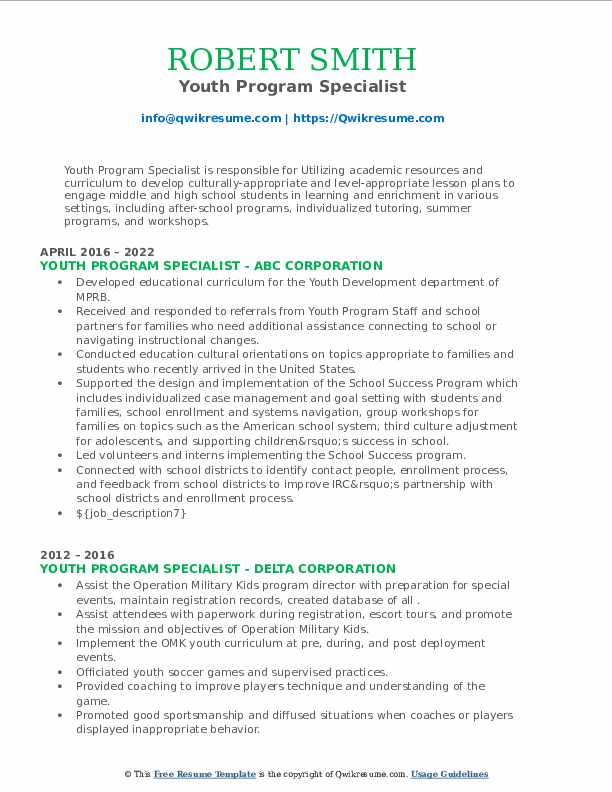 Youth Program Specialist Resume Samples QwikResume