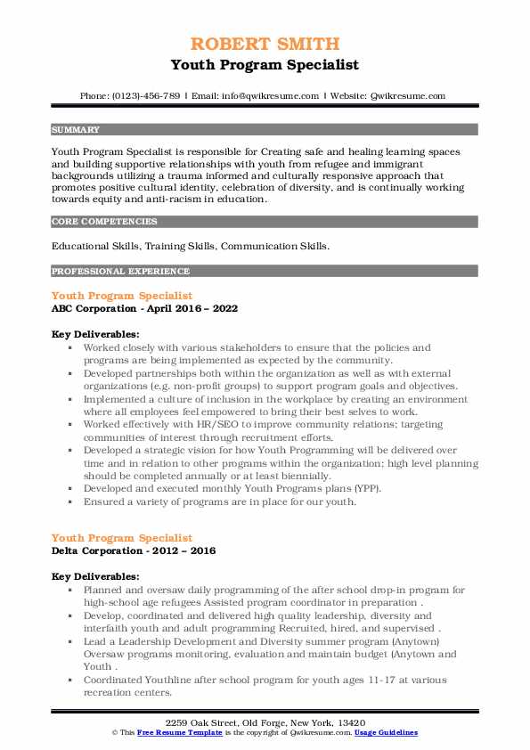 Youth Program Specialist Resume Samples QwikResume