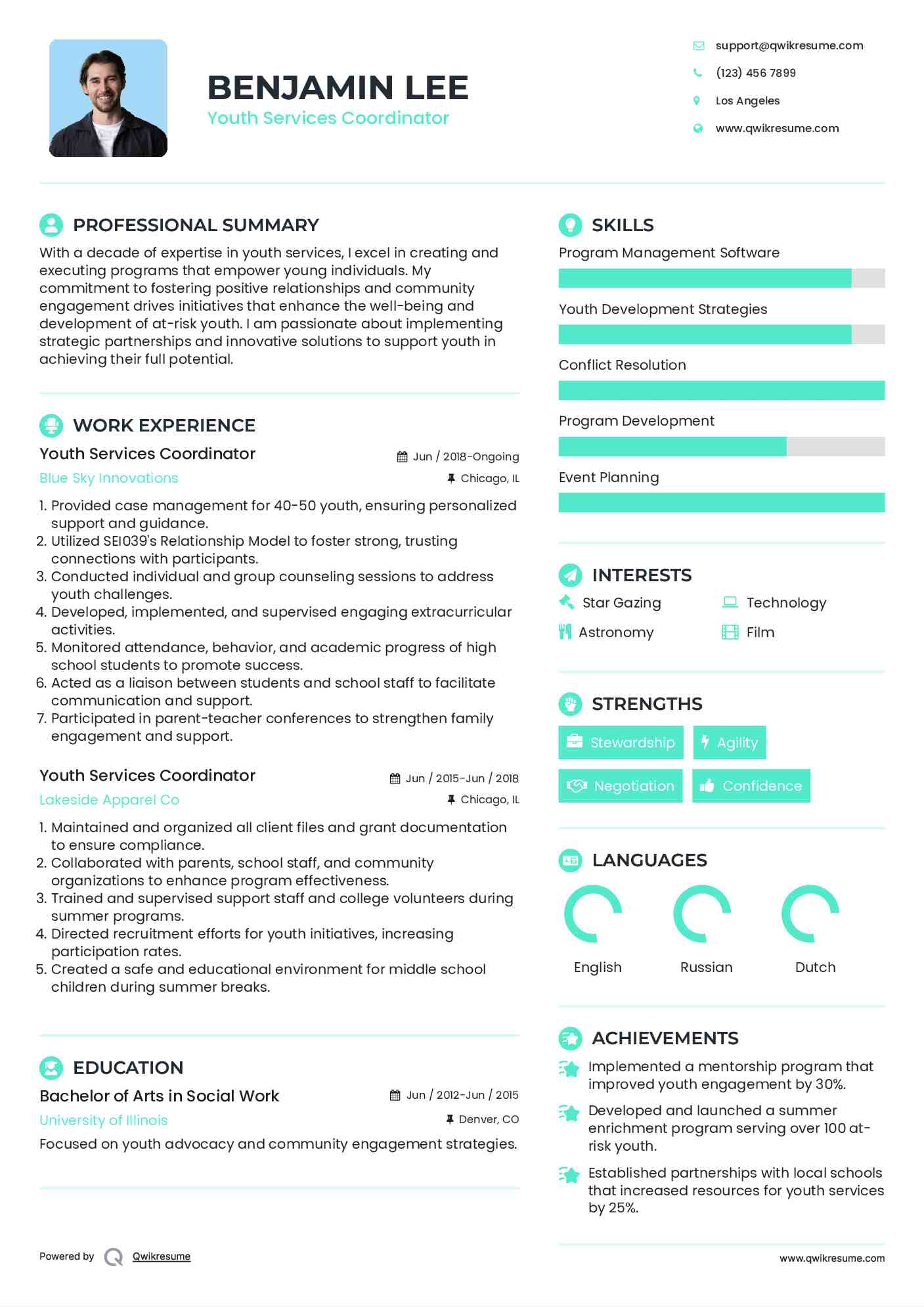 Youth Services Coordinator Resume Example