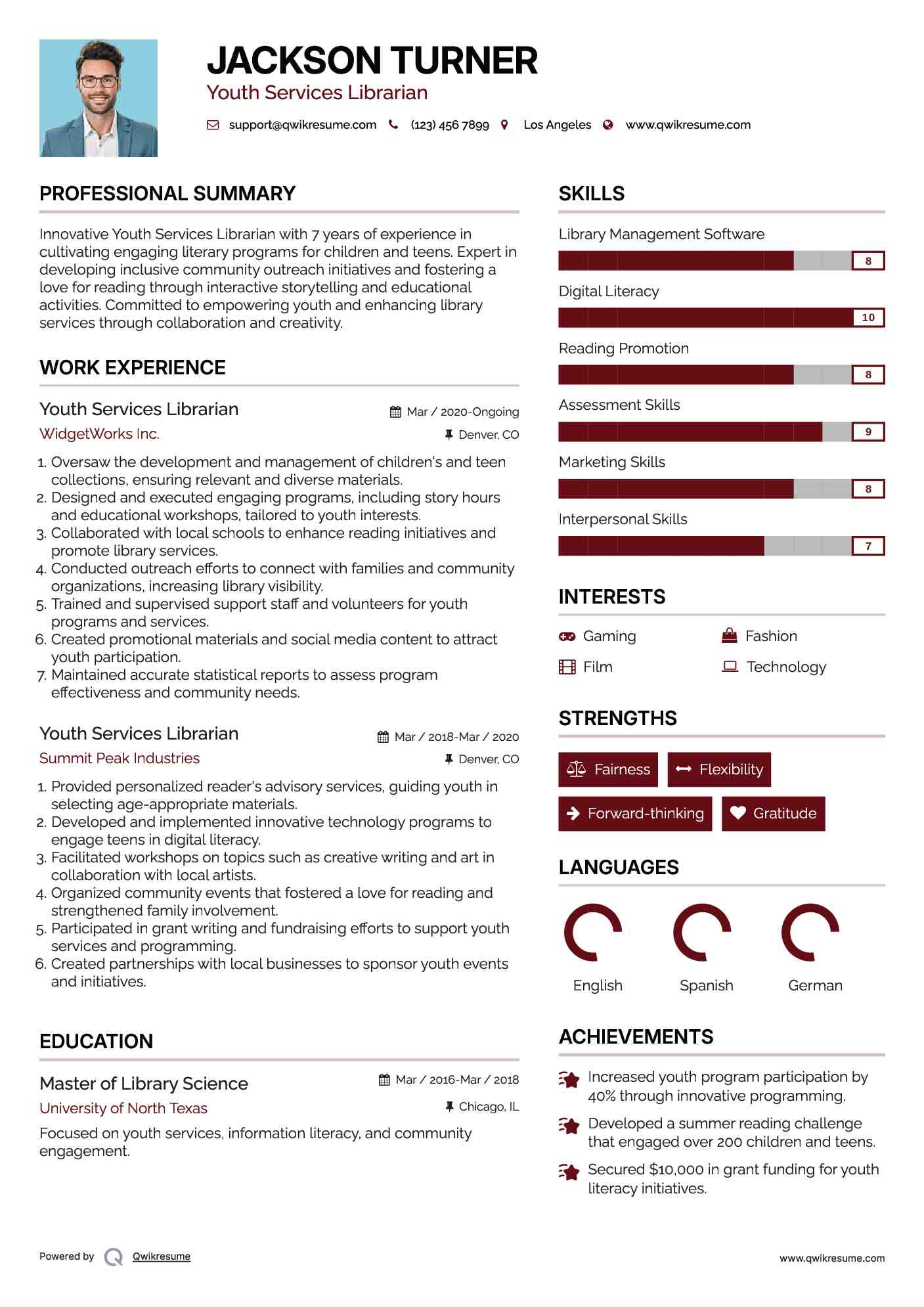 Youth Services Librarian Resume Template