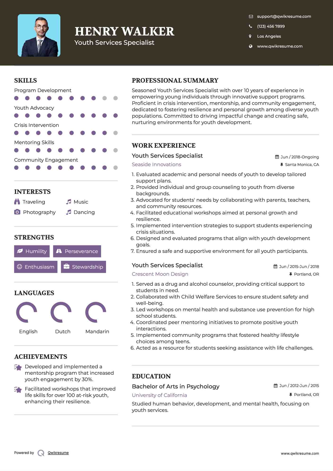 Youth Services Specialist Resume Example