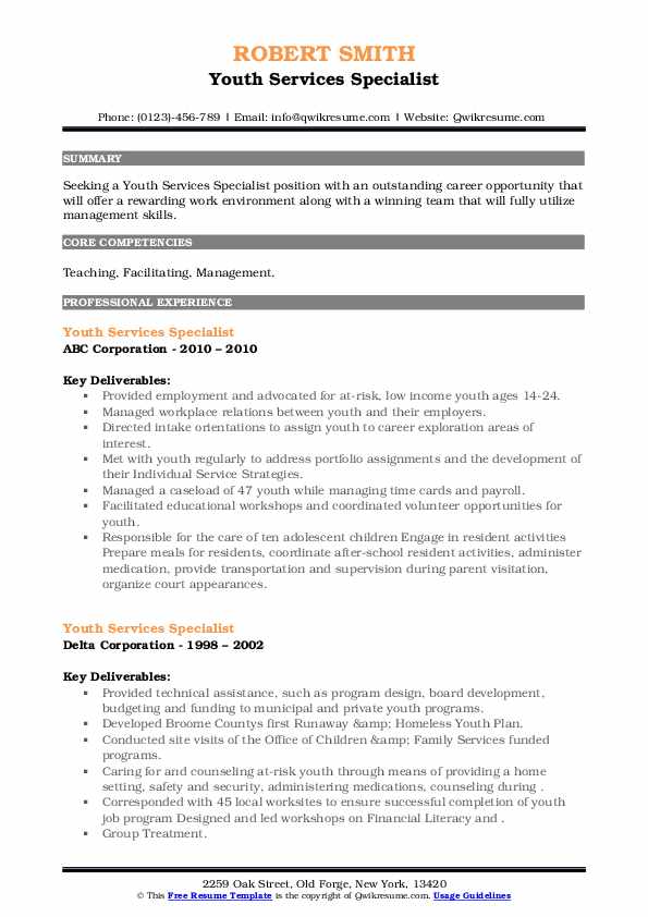 Youth Services Specialist Resume Samples QwikResume