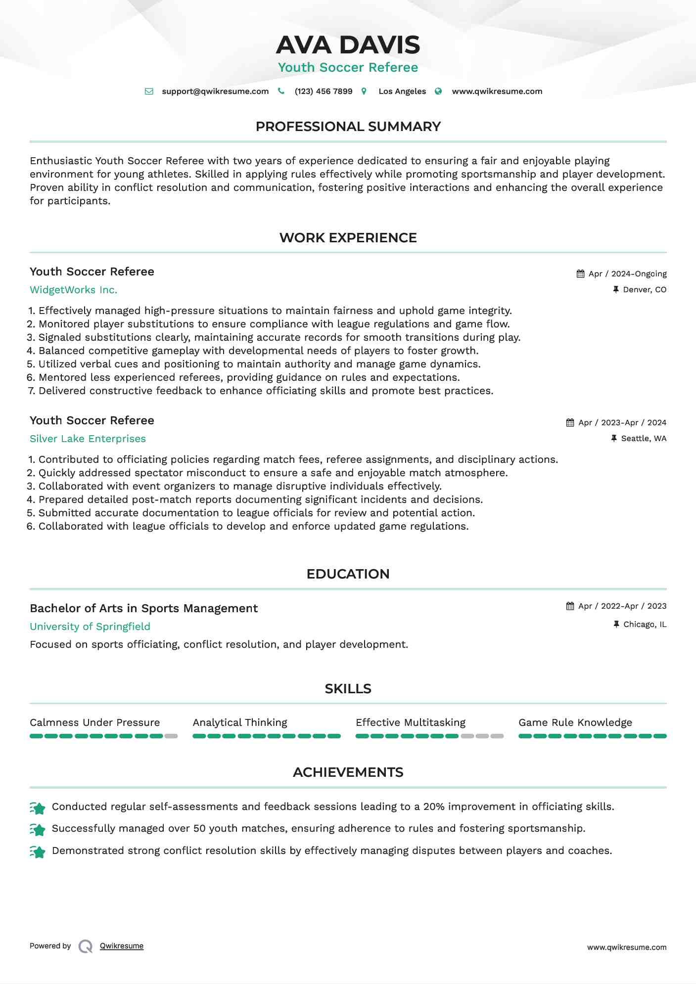 Youth Soccer Referee Resume Format